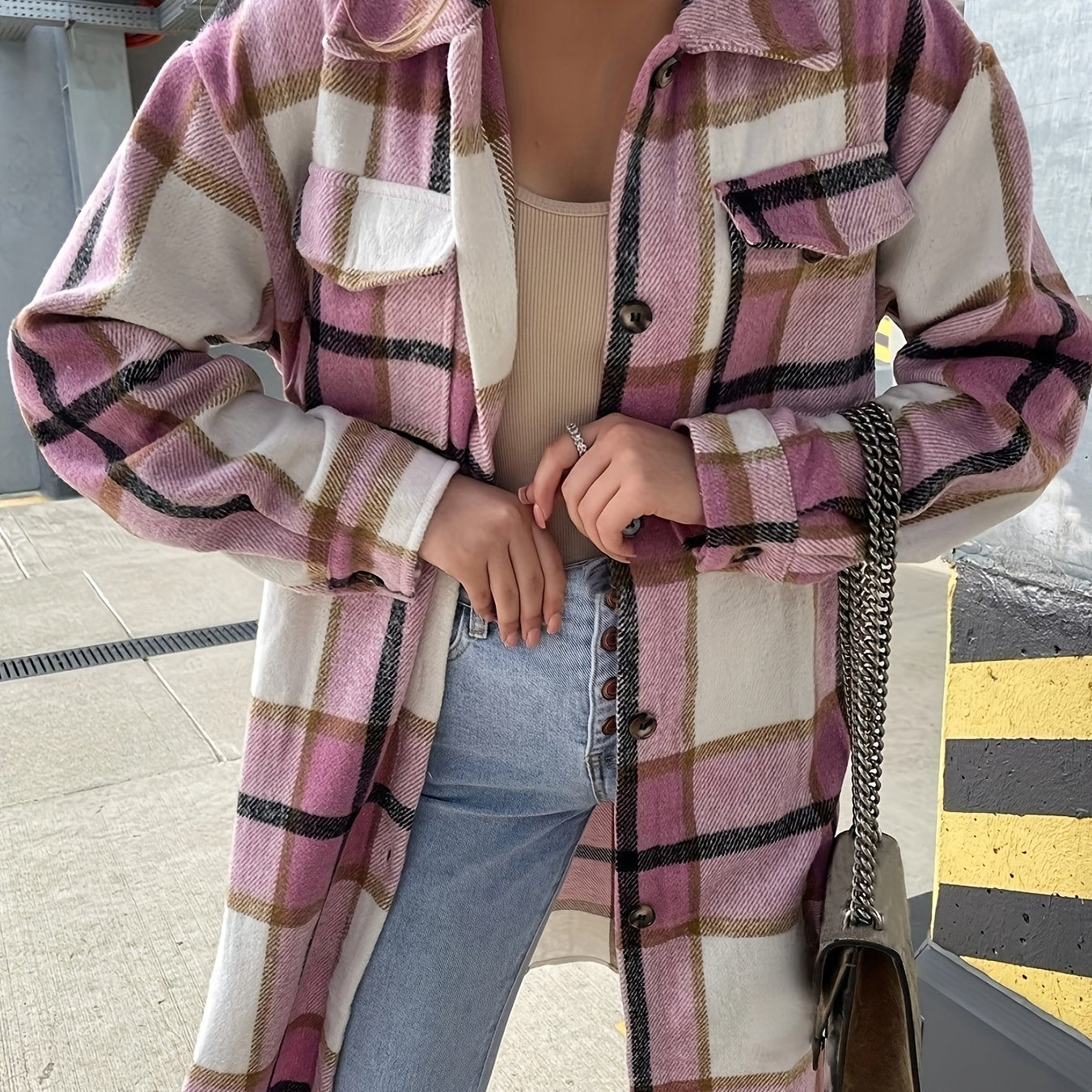 vlovelaw Plaid Print Long Length Jacket, Casual Button Front Flap Pockets Outwear, Women's Clothing