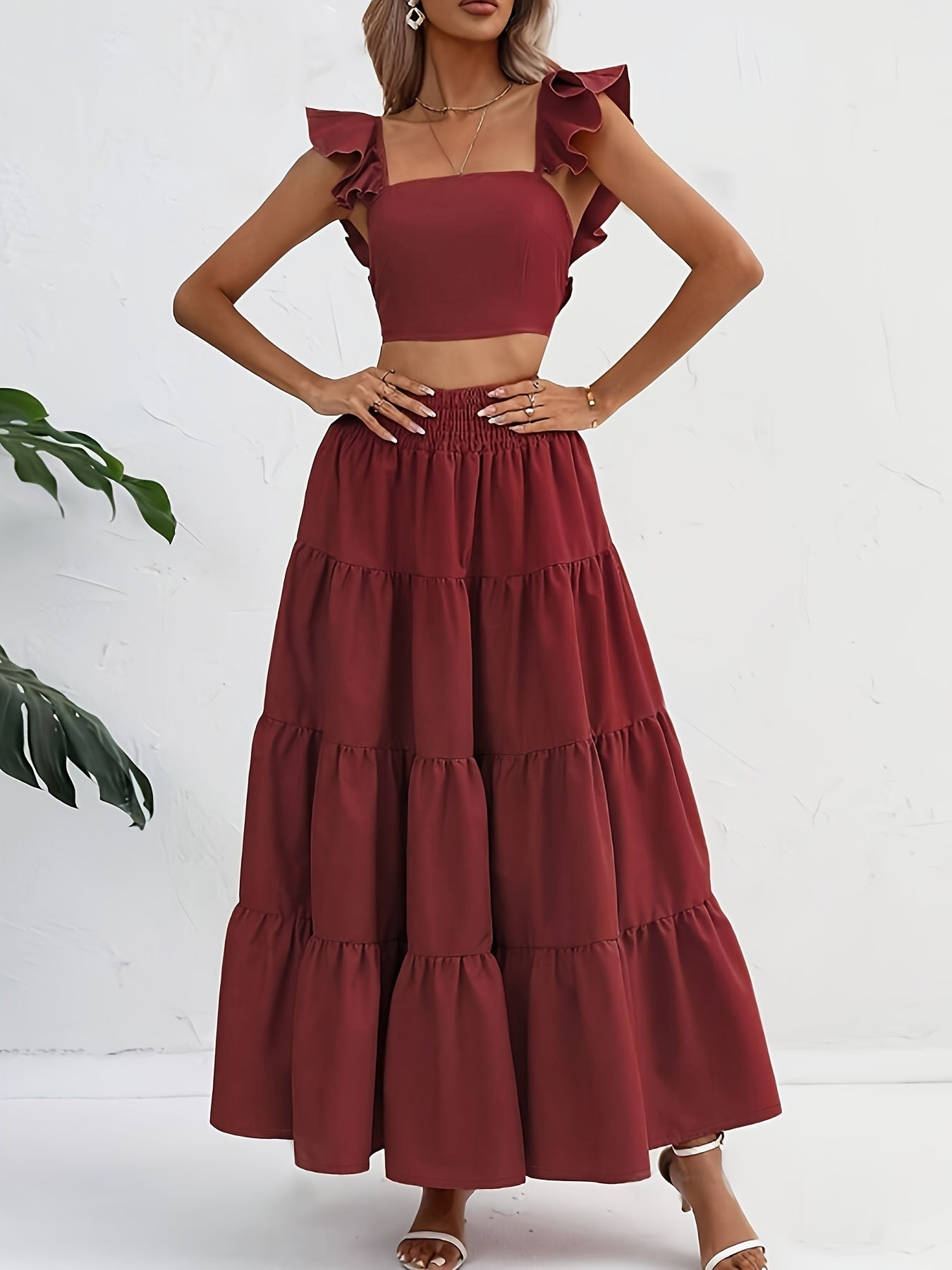 vlovelaw Solid Ruffle Shirred Skirt Suits, Square Neck Flutter Sleeve Backless Crop Top & Elastic High Waist A-line Skirt Outfits, Women's Clothing