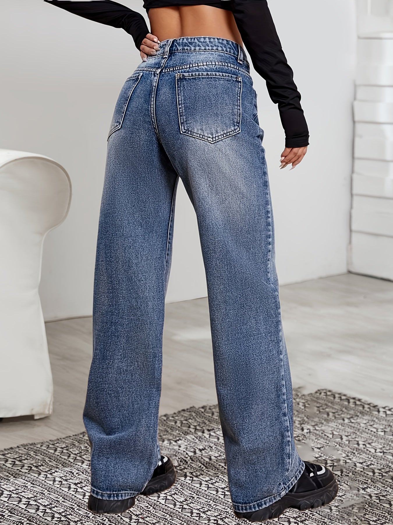 vlovelaw Blue Washed Whiskered Straight Jeans, Loose Fit Non-Stretch Slant Pockets Wide Legs Jeans, Women's Denim Jeans & Clothing