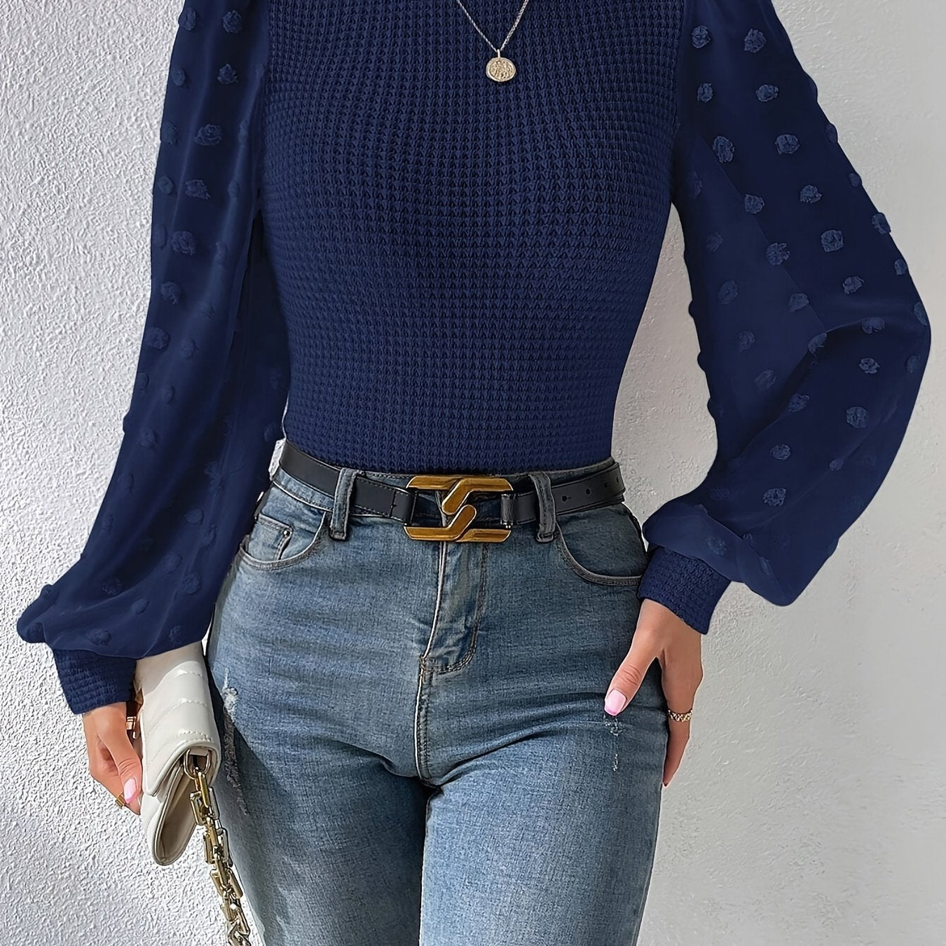 vlovelaw Swiss Dot Mock Neck Blouse, Casual Long Lantern Sleeve Blouse For Spring & Fall, Women's Clothing