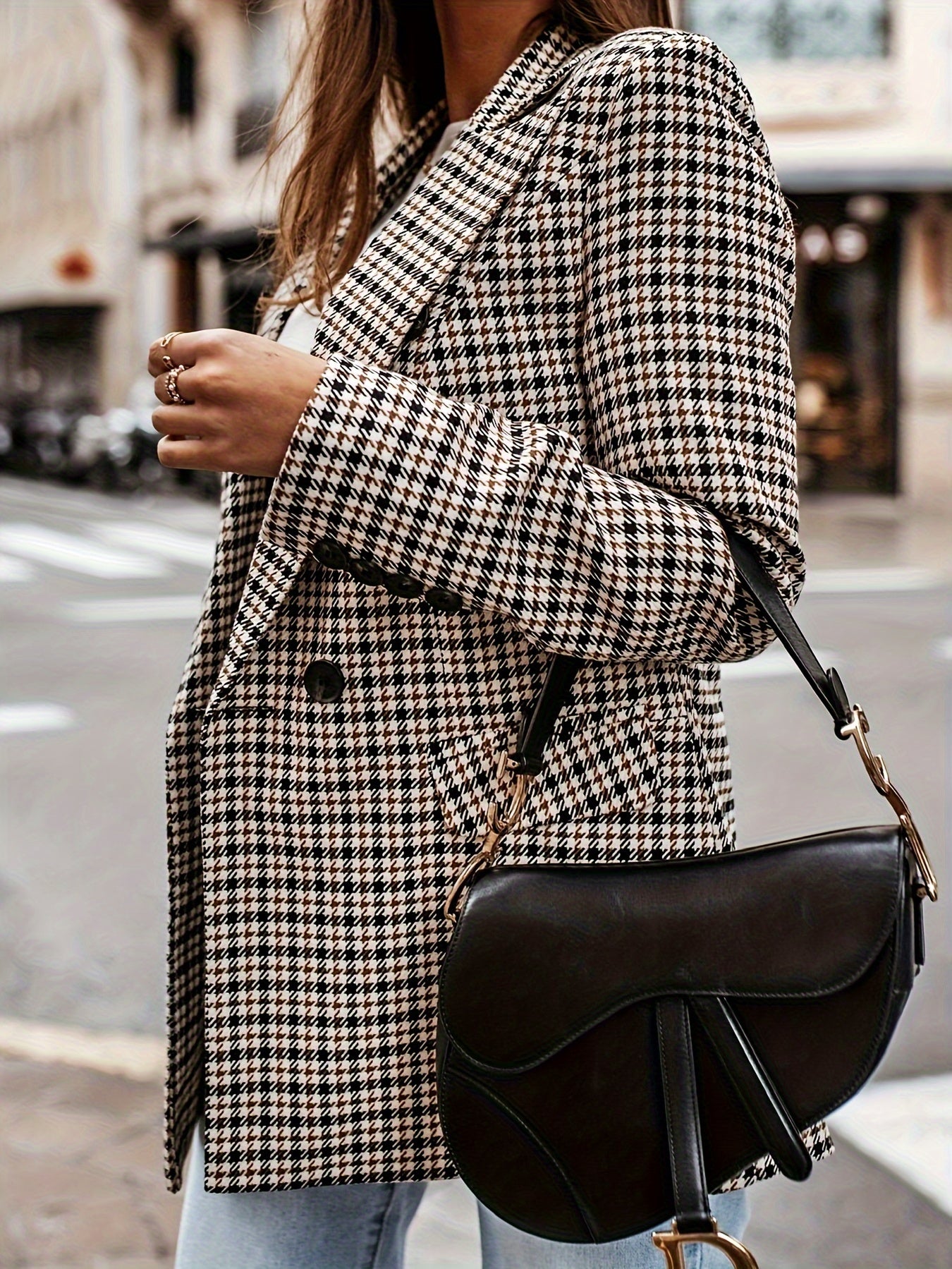Houndstooth Print Double-breasted Blazer, Casual Lapel Long Sleeve Blazer, Women's Clothing