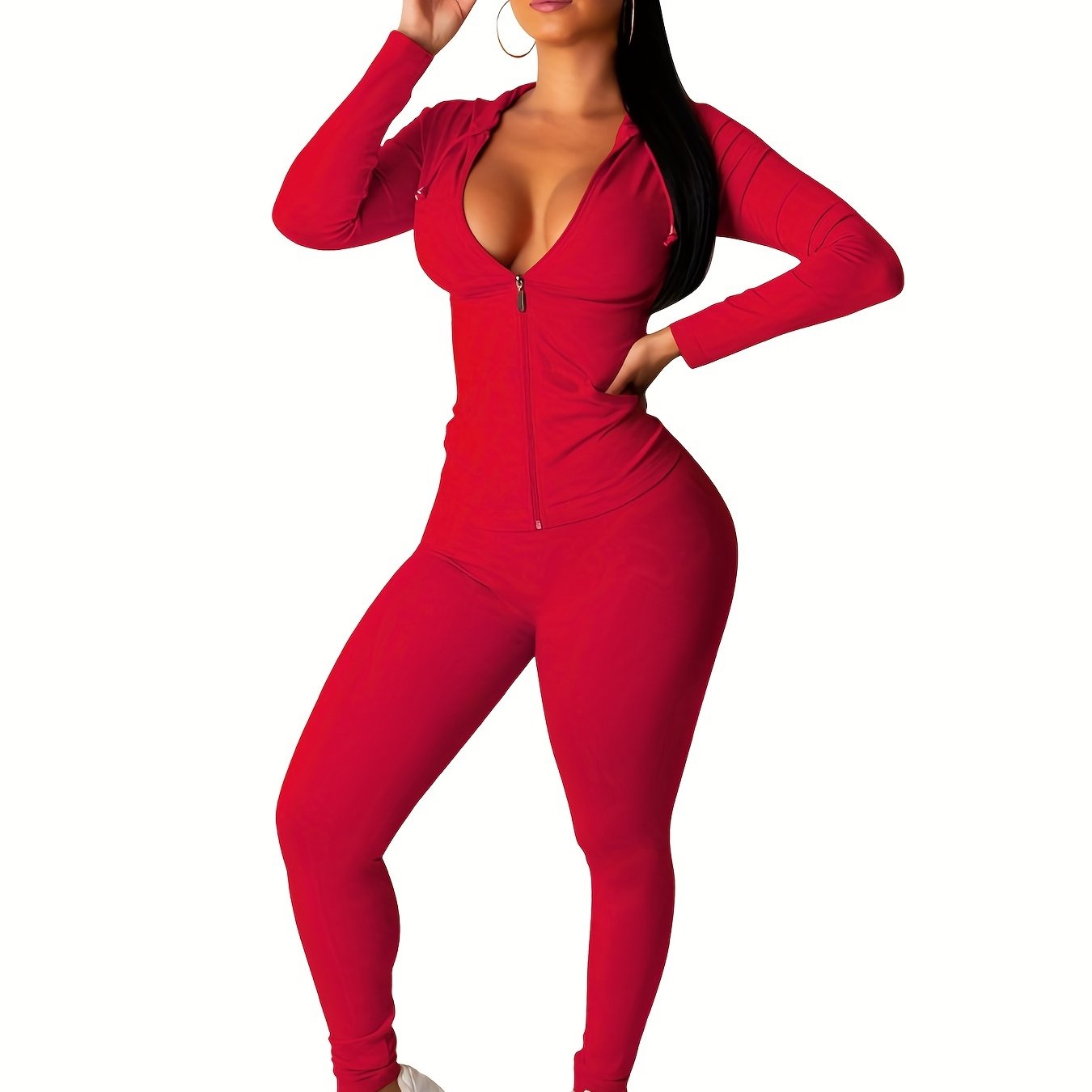 vlovelaw Solid Workout 2 Pieces Set, Drawstring Zip Up Hoodies With Pockets & Elastic Waist Jogger Pants Outfits, Women's Clothing