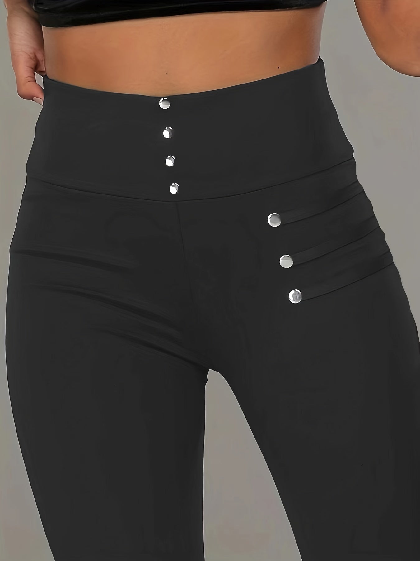 vlovelaw Solid Button Decor Skinny Leggings, Casual High Waist Every Day Stretchy Leggings, Women's Clothing