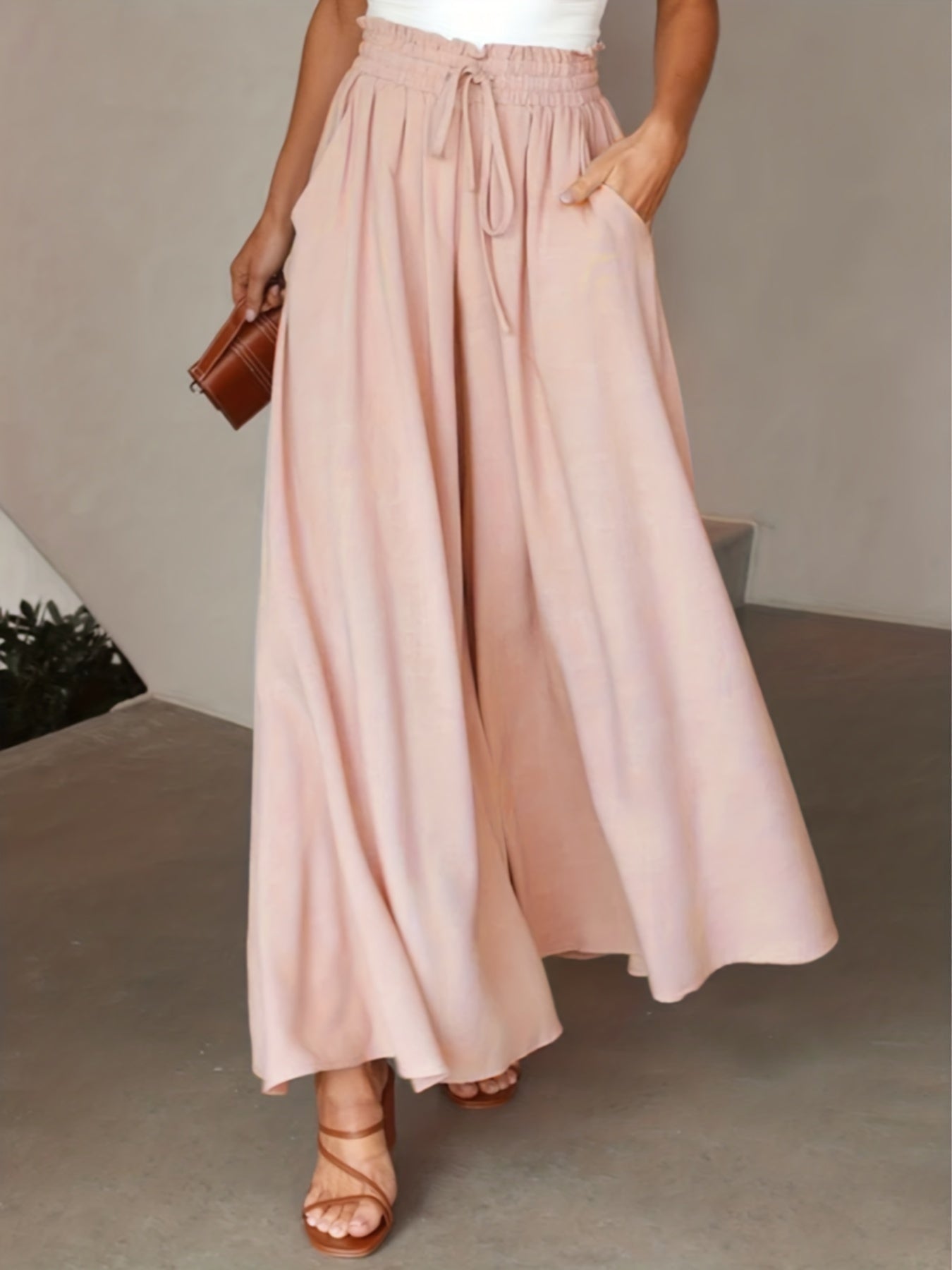 High Waist Drawstring Wide Leg Pants, Casual Loose Pants For Spring & Fall, Women's Clothing