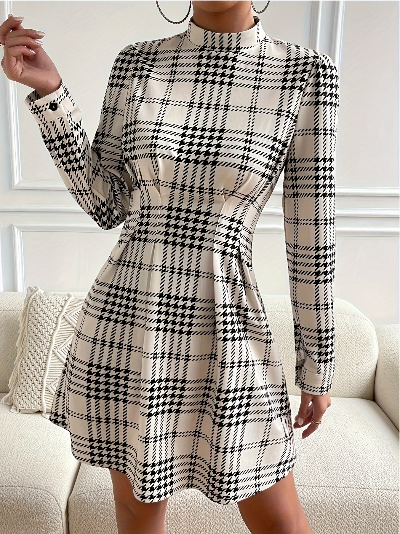 vlovelaw Plaid Pattern Mock Neck Dress, Elegant Long Sleeve Dress For Spring & Fall, Women's Clothing