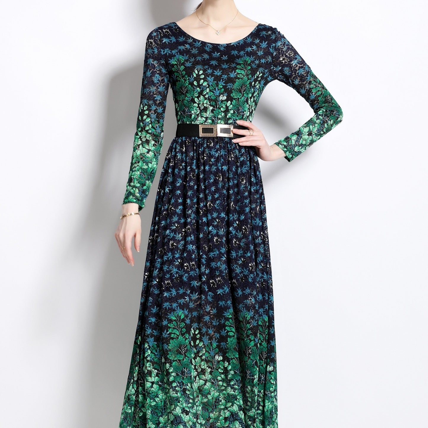 All Over Print Crew Neck Dress, Elegant Long Sleeve Dress For Spring & Fall, Women's Clothing