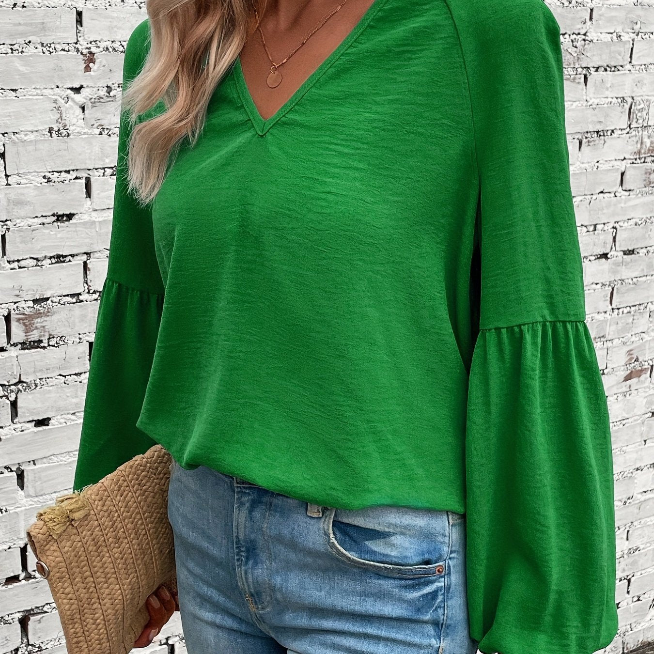Solid Simple Blouse, Casual V Neck Lantern Long Sleeve Blouse, Women's Clothing