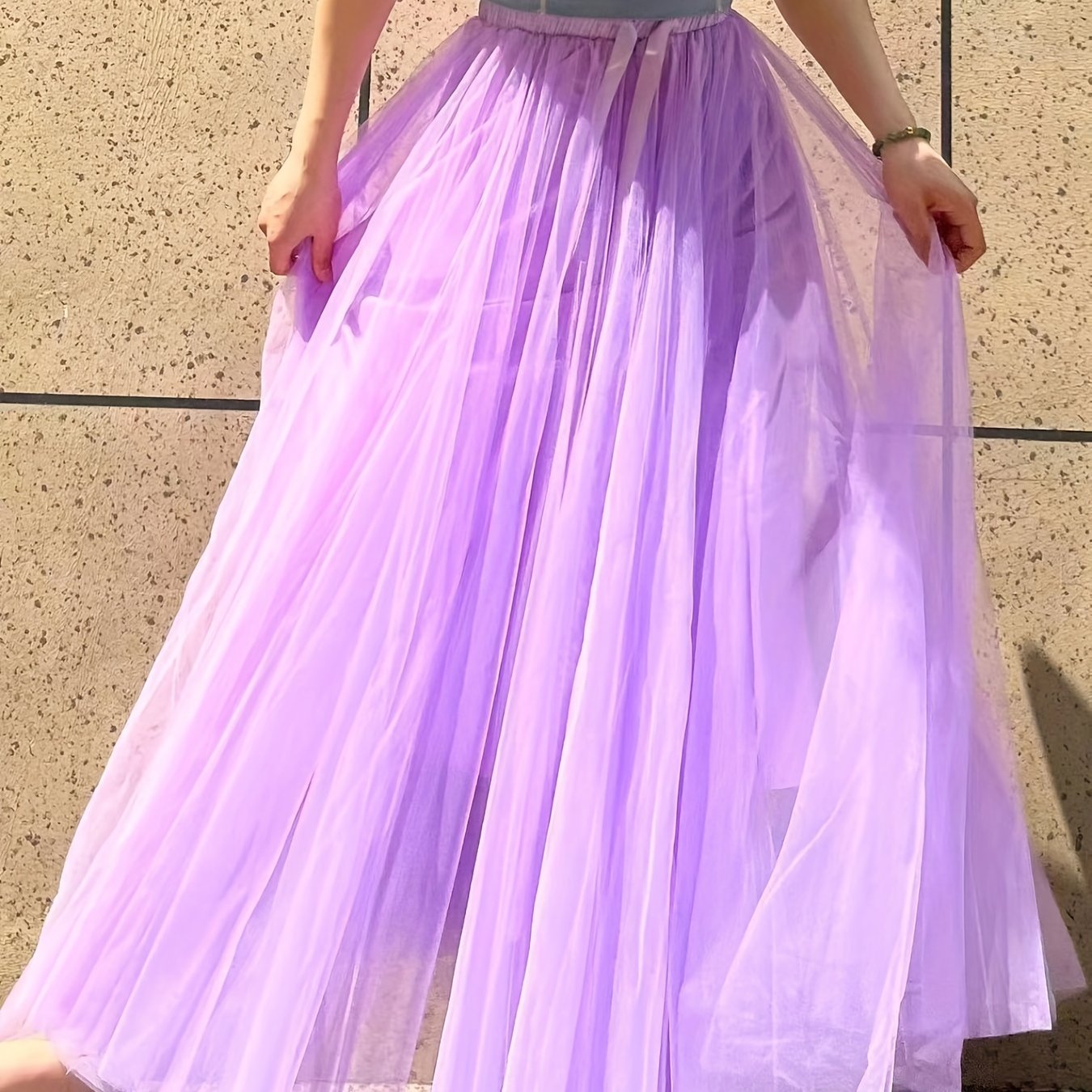 vlovelaw Mesh Pleated Skirts, Elegant High Waist Drawstring Maxi Skirts, Women's Clothing