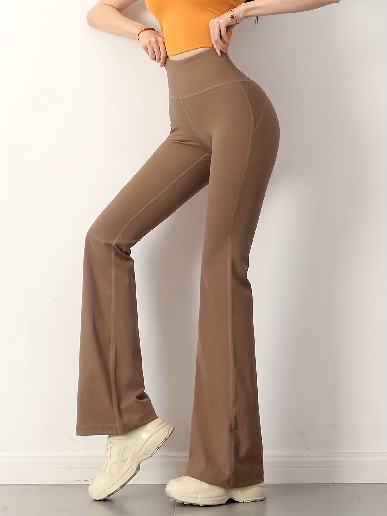 Flare Yoga Pants For Women, High Waist Solid Color Tummy Control Casual Gym Workout Flared Pants, Women's Activewear