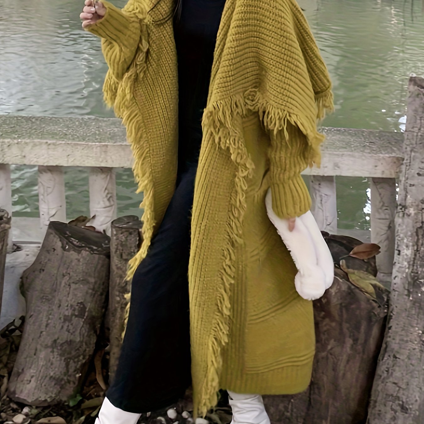 vlovelaw vlovelaw Fringe Trim Open Front Solid Cardigan, Long Sleeve Cardigan For Fall & Winter, Women's Clothing