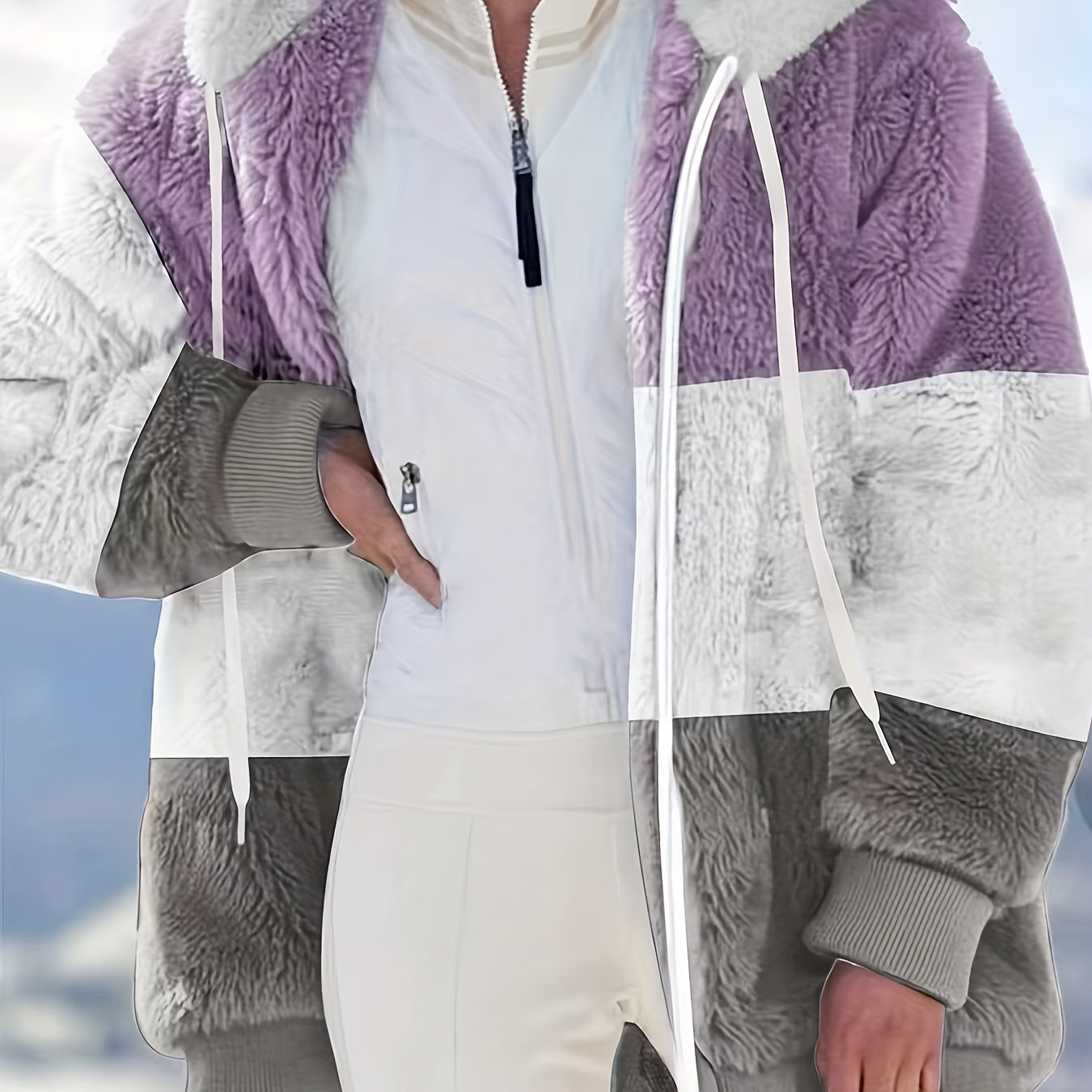 vlovelaw Color Block Hooded Teddy Coat, Casual Zip Up Long Sleeve Winter Warm Outerwear, Women's Clothing