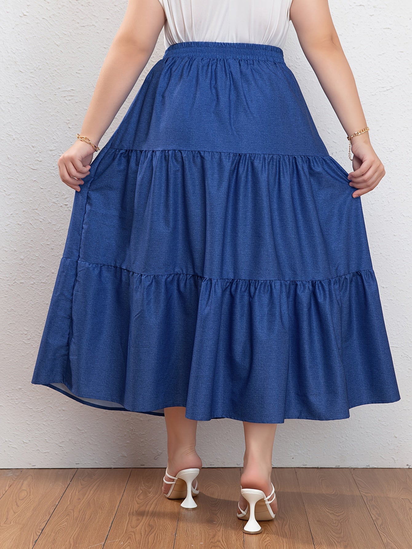Plus Size Casual Skirt, Women's Plus Denim Print Drawstring Elastic High Rise Smock Skirt