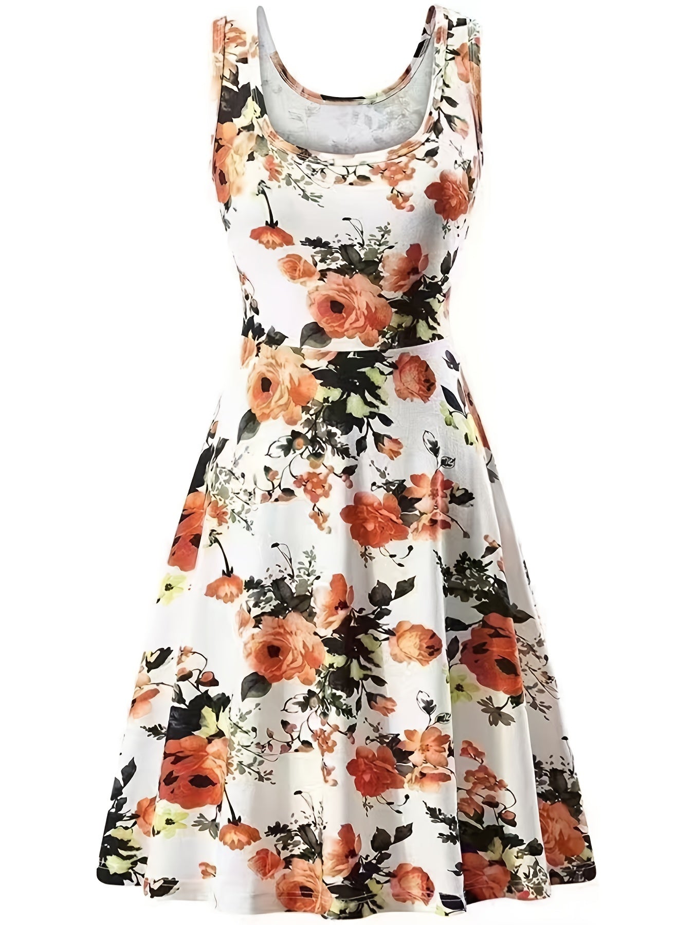 vlovelaw Plus Size Elegant Dress, Women's Plus Floral Print Round Neck Medium Stretch Tank Dress