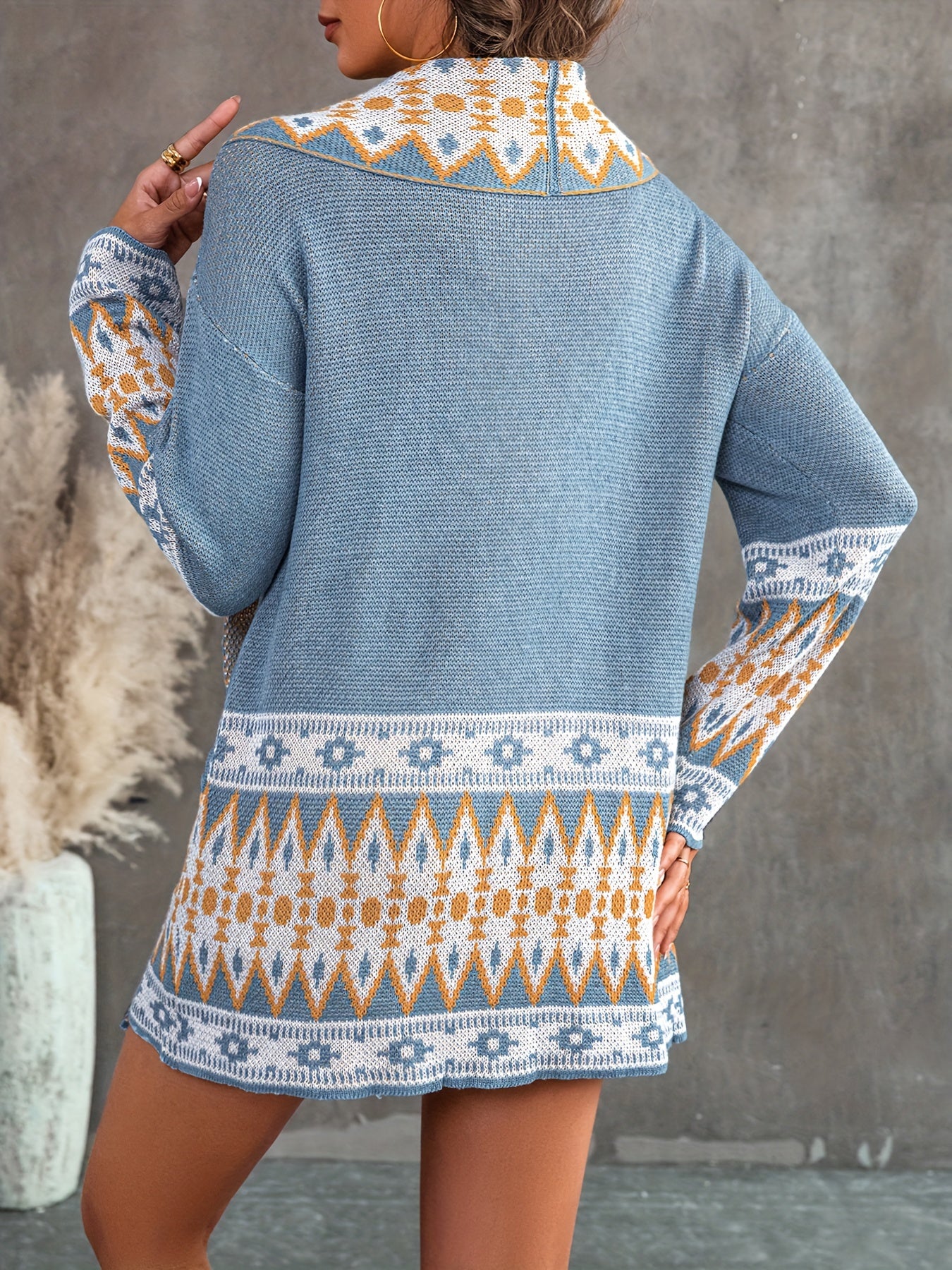 Aztec Print Knit Cardigan, Vintage Open Front Long Sleeve Sweater, Women's Clothing