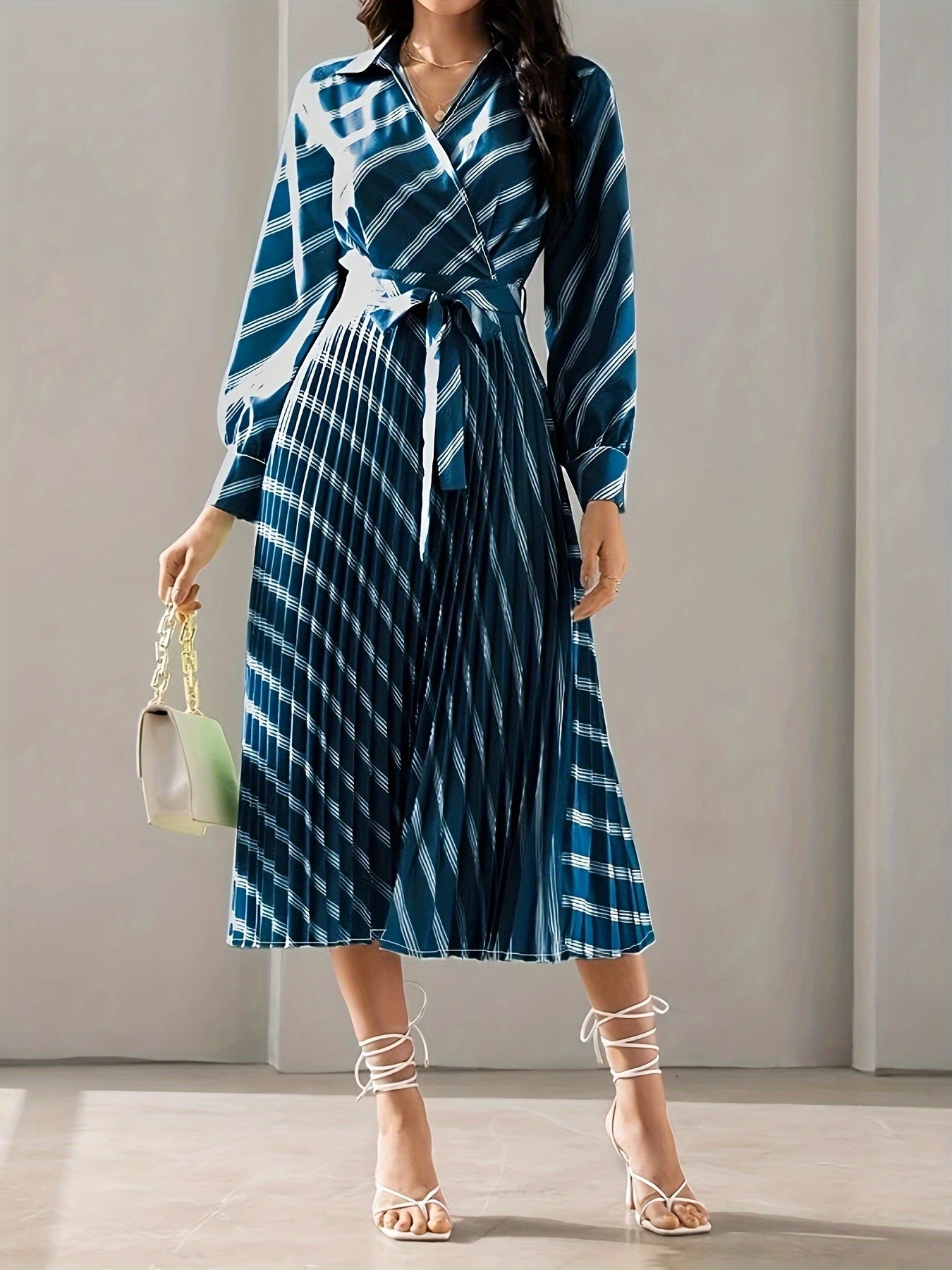 vlovelaw Striped Surplice Neck Dress, Elegant Long Sleeve Belted Dress For Spring & Fall, Women's Clothing