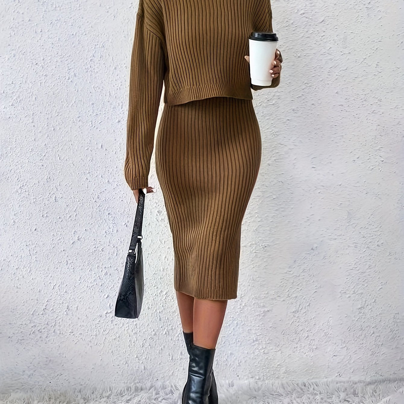 Casual Sweater Two-piece Set, Turtleneck Long Sleeve Tops & Sleeveless Bodycon Dress Outfits, Women's Clothing