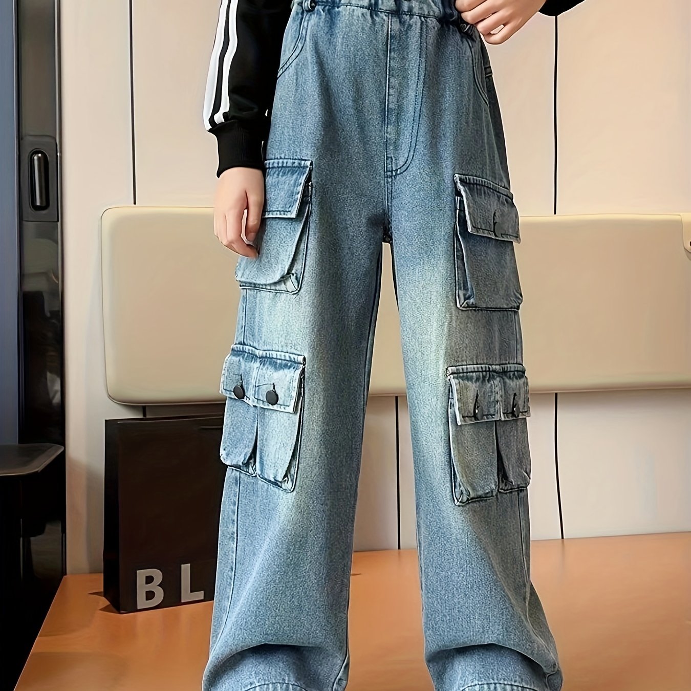 Girls' Autumn/winter Trousers, Trendy Loose Straight Multi-pocket Cargo Denim Pants, Kids' Jeans For Outdoor, Kids Clothing