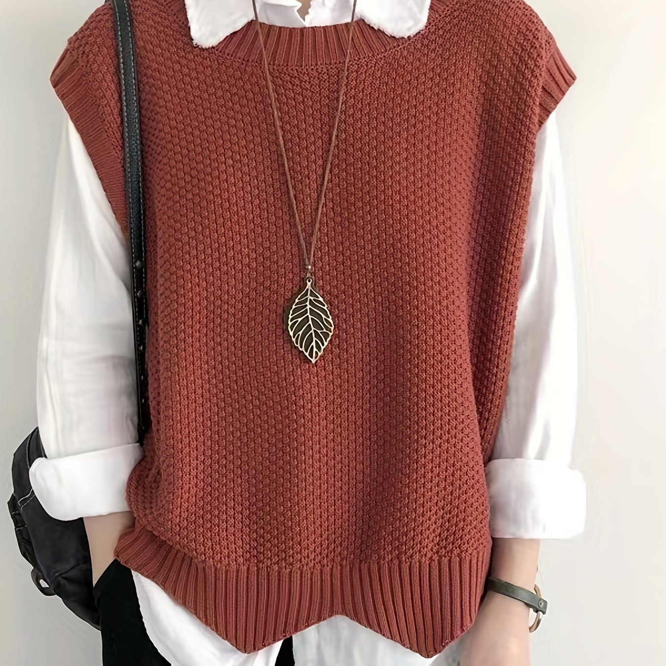 vlovelaw vlovelaw Solid Crew Neck Sweater Vest, Casual Sleeveless Vest For Spring & Fall, Women's Clothing