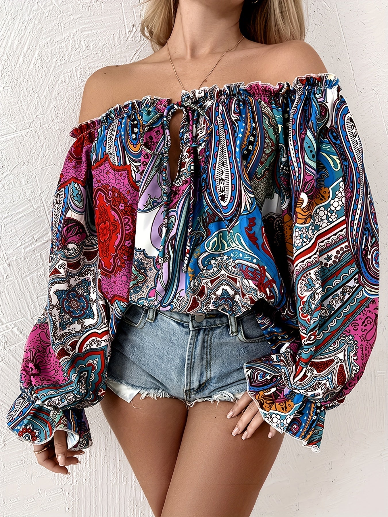 vlovelaw Paisley Print Off Shoulder Blouse, Casual Long Sleeve Blouse For Spring & Fall, Women's Clothing
