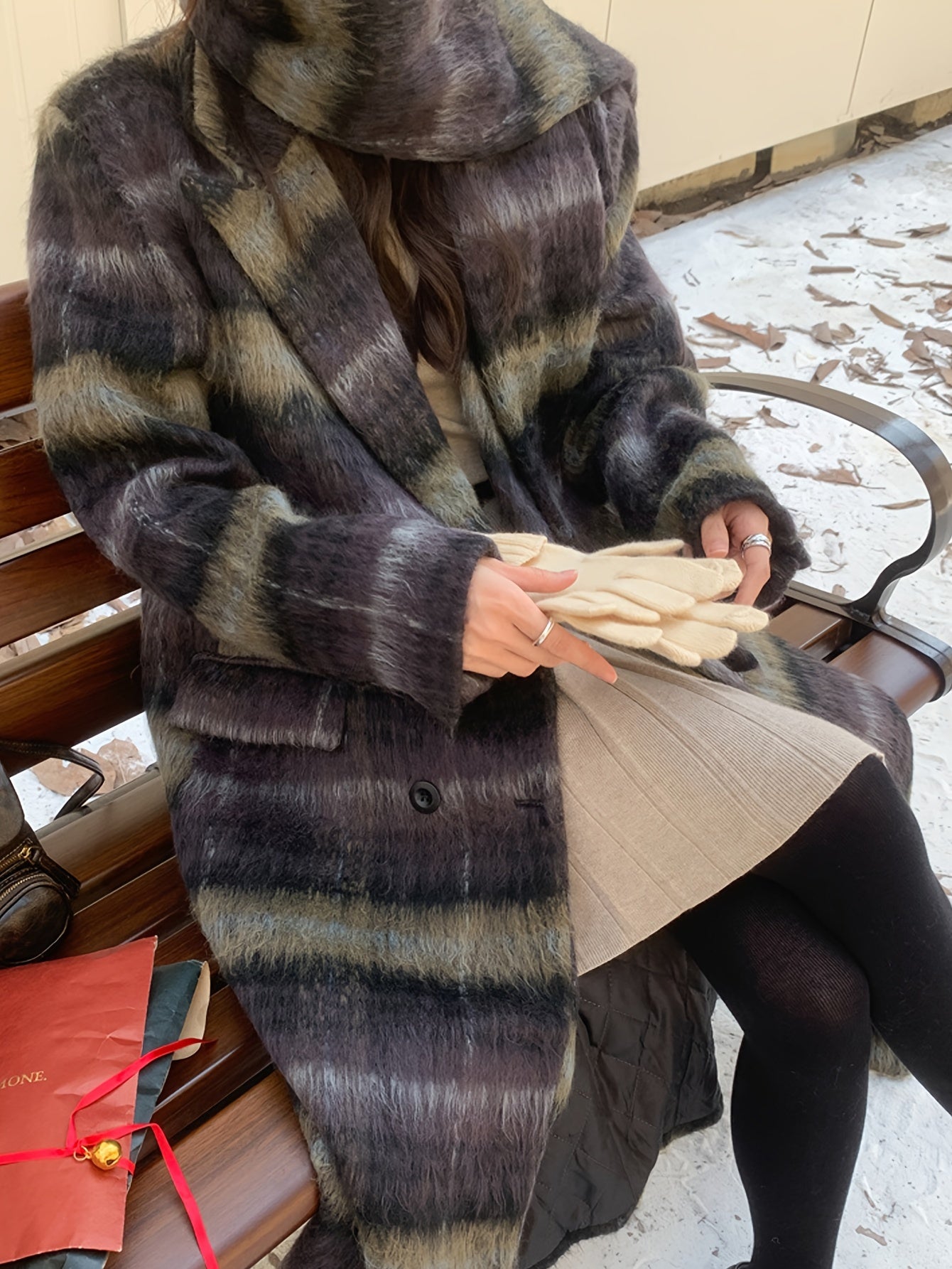 vlovelaw Plaid Print Double-breasted Coat, Casual Thermal Long Sleeve Lapel Overcoat For Winter, Women's Clothing