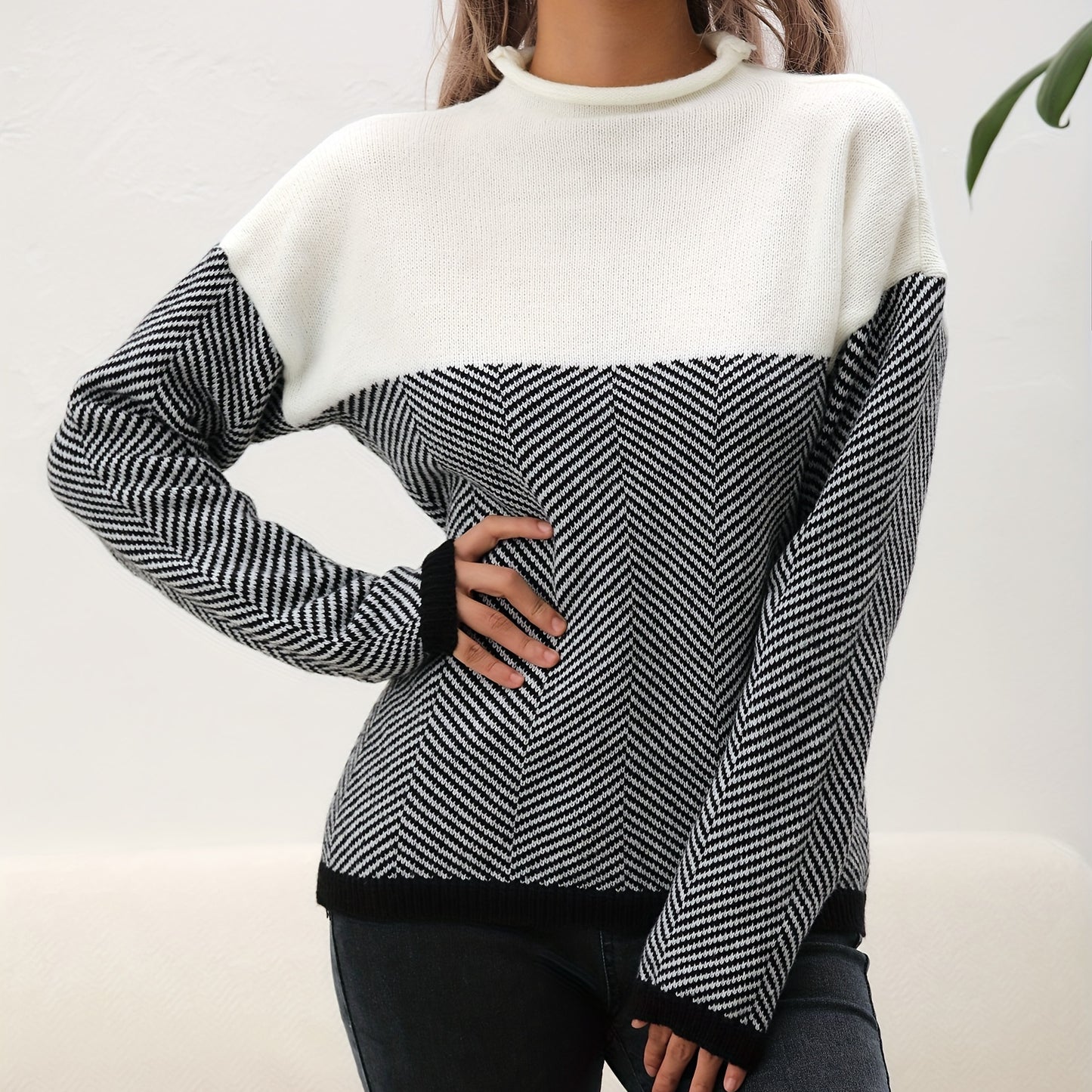 vlovelaw Long Sleeve Elegant Loose Sweater, High Neck Casual Sweater For Winter & Fall, Women's Clothing