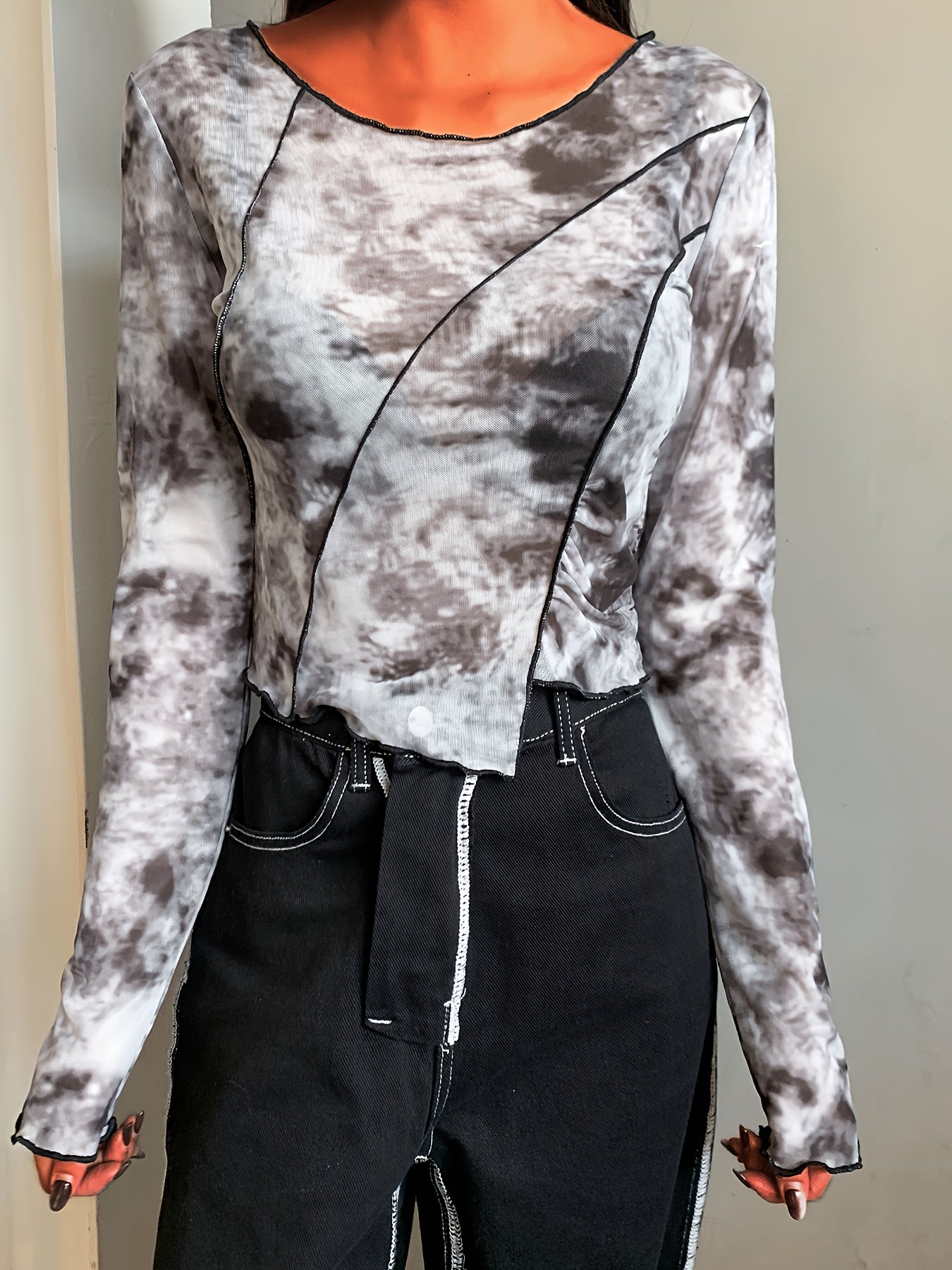 All Over Print Irregular Hem Mesh T-Shirt, Casual Long Sleeve Top For Spring & Summer, Women's Clothing