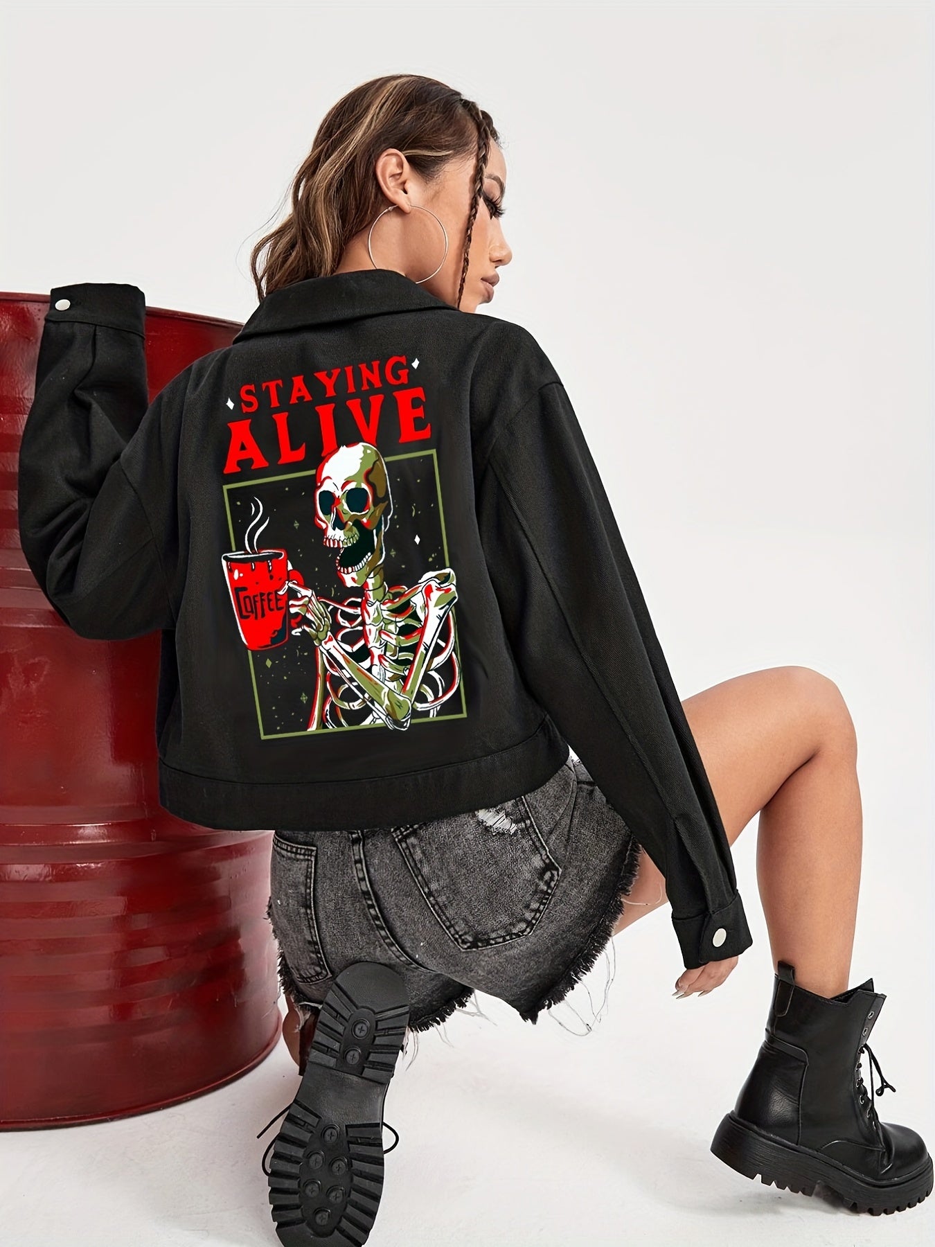Halloween Skeleton Pattern Denim Coat, Long Sleeves Lapel Denim Jacket, Women's Denim Clothing