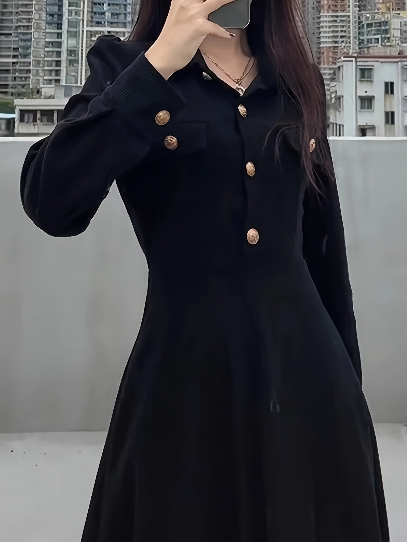 vlovelaw Single Breasted V-neck Slim Dress, Elegant Puff Sleeve Vintage Dress For Spring & Fall, Women's Clothing
