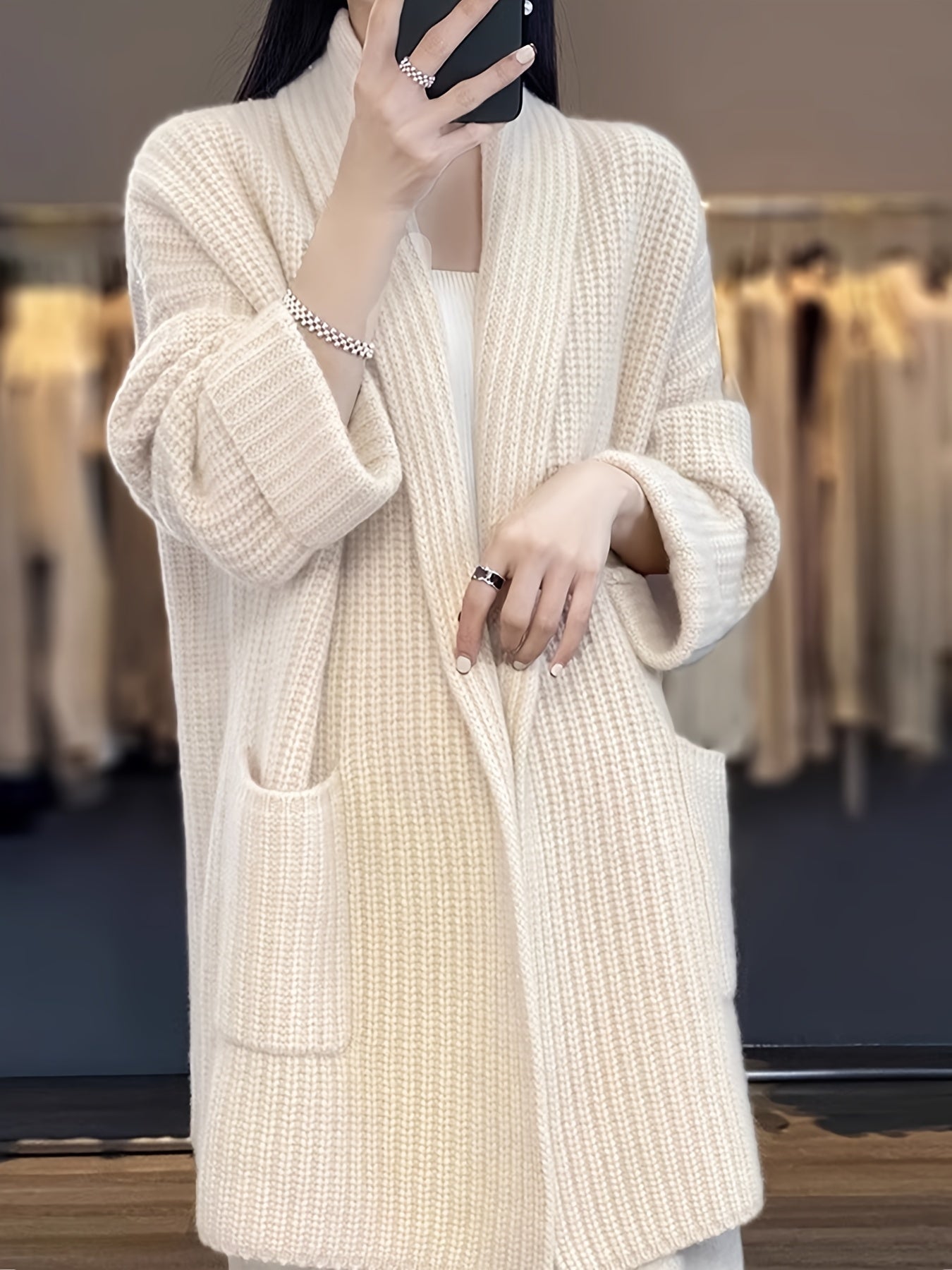 vlovelaw Solid Open Front Knit Cardigan, Casual Long Sleeve Drop Shoulder Sweater With Pocket, Women's Clothing