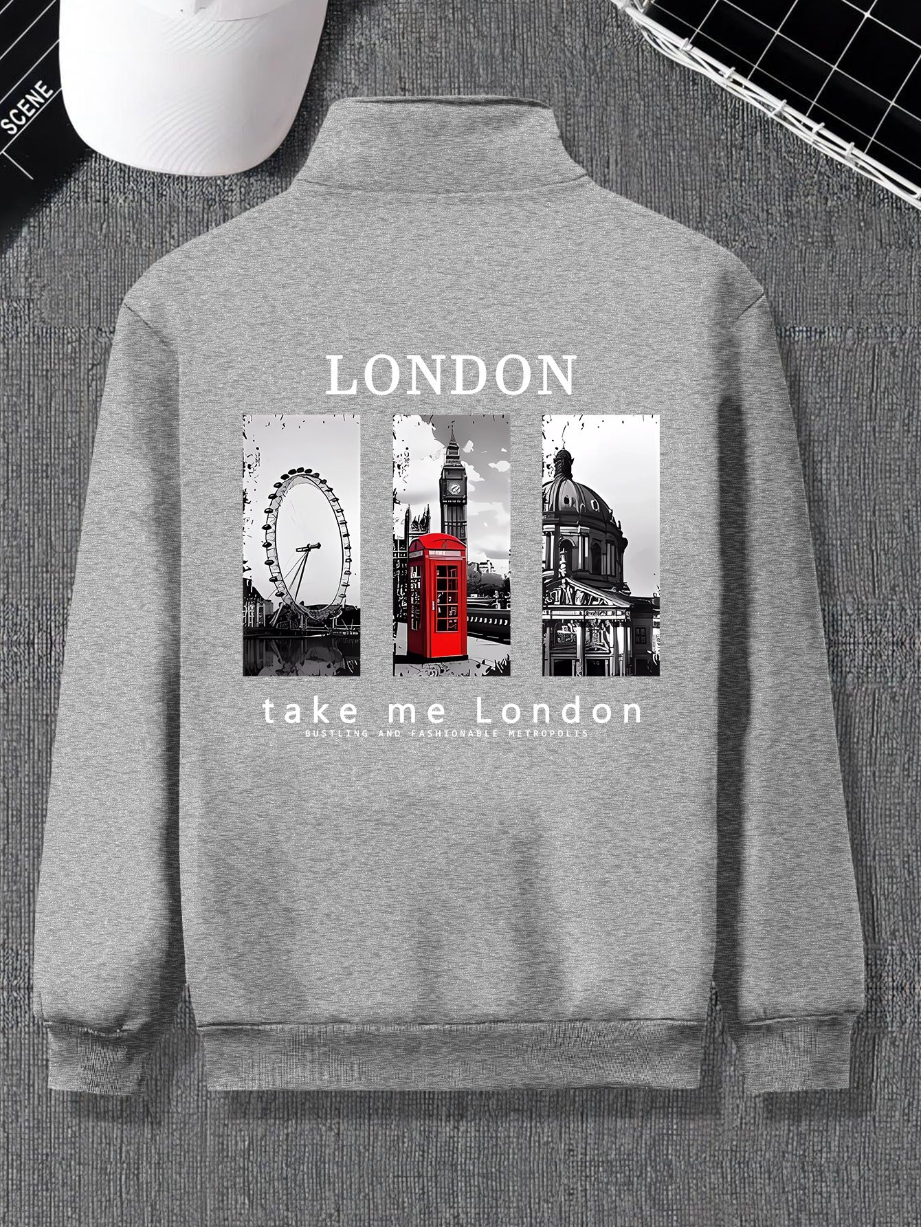 Plus Size Men'S Varsity Jacket with Stand Collar, Casual Polyester Blend, Zipper Closure, Regular Fit, No Lining, Stretch Fabric, Pockets, London Print Design