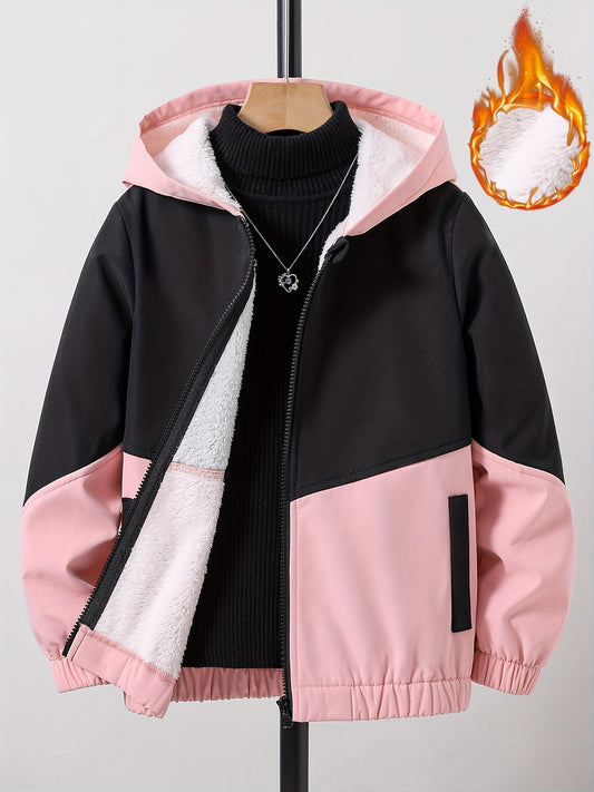 Girls Chevron Color Block Hooded Fleece Lined Windbreaker Jacket For Teen Kids Autumn And Winter