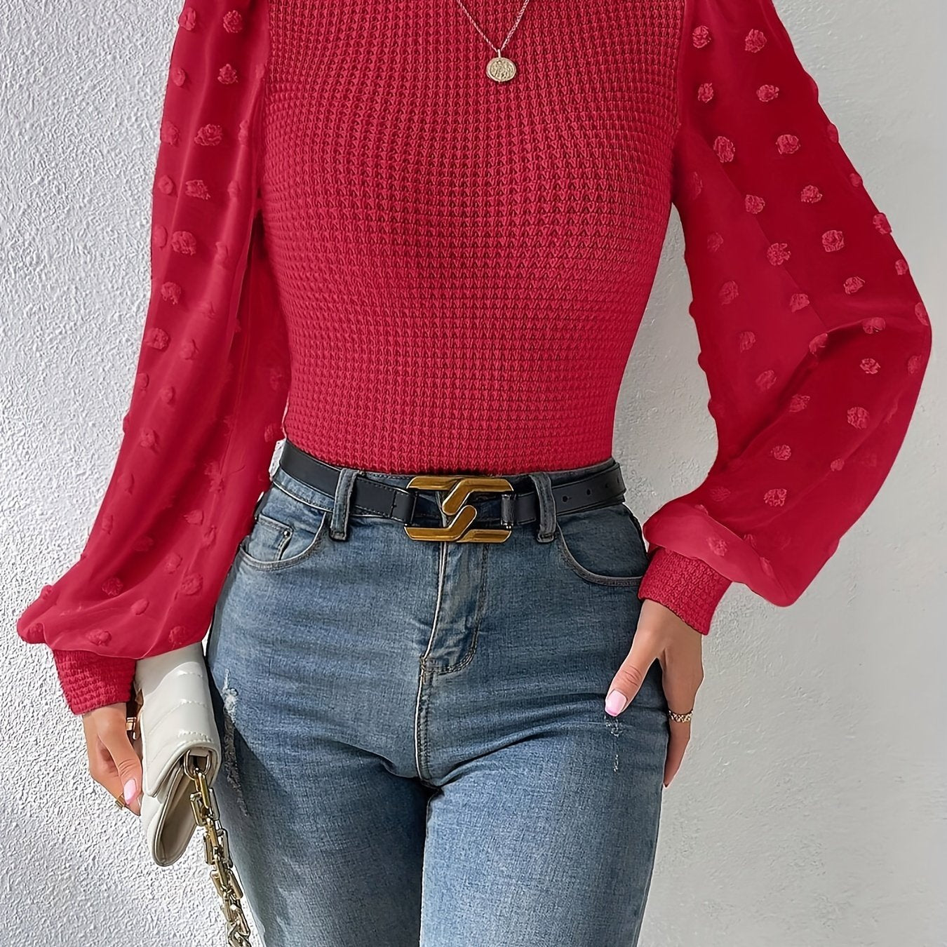 vlovelaw Swiss Dot Mock Neck Blouse, Casual Long Lantern Sleeve Blouse For Spring & Fall, Women's Clothing