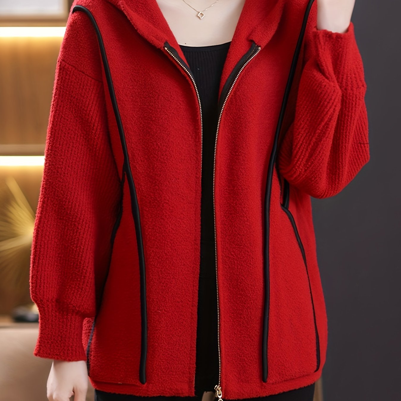 vlovelaw Contrast Trim Zipper Hooded Jacket, Versatile Long Sleeve Outwear For Fall & Winter, Women's Clothing