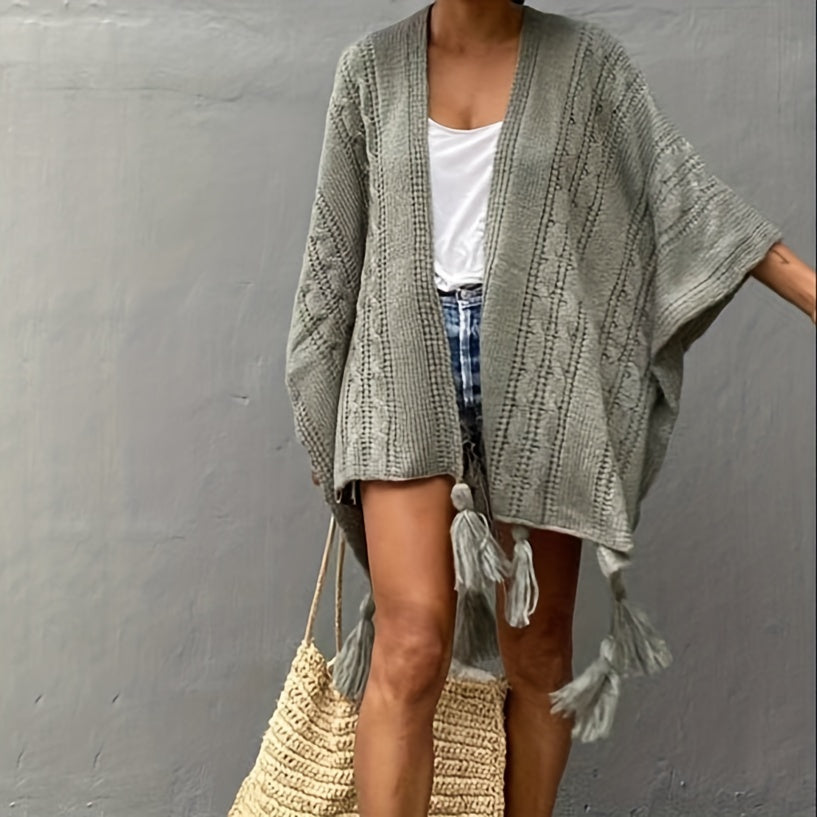 vlovelaw Ribbed Knitted Tassel Shawl Warm Windproof Wrap Poncho Boho Solid Color Cloak Trendy Sweater Cape Cardigan