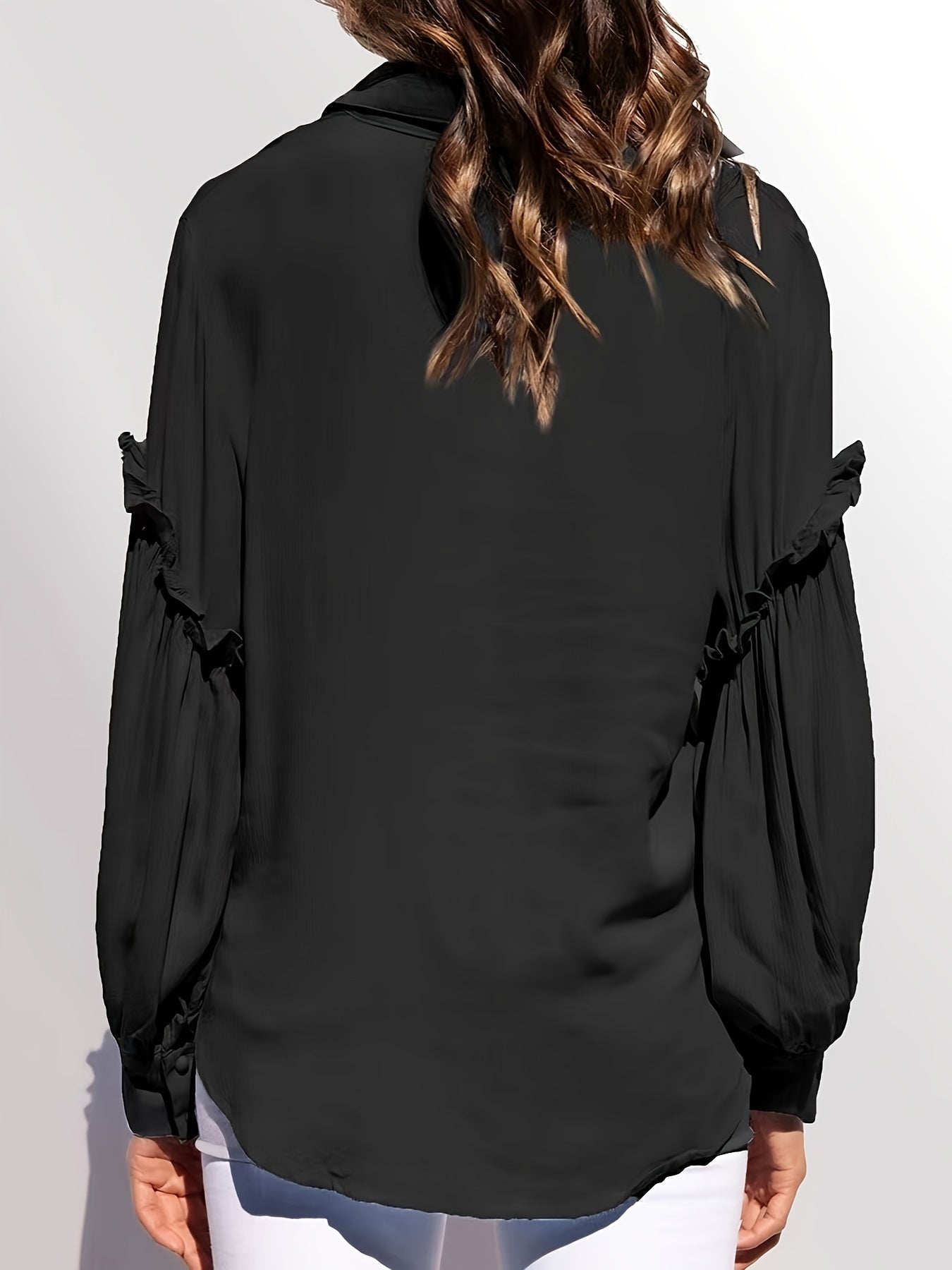 vlovelaw Solid Polo Collar Blouse, Casual Lantern Sleeve Blouse For Spring & Fall, Women's Clothing