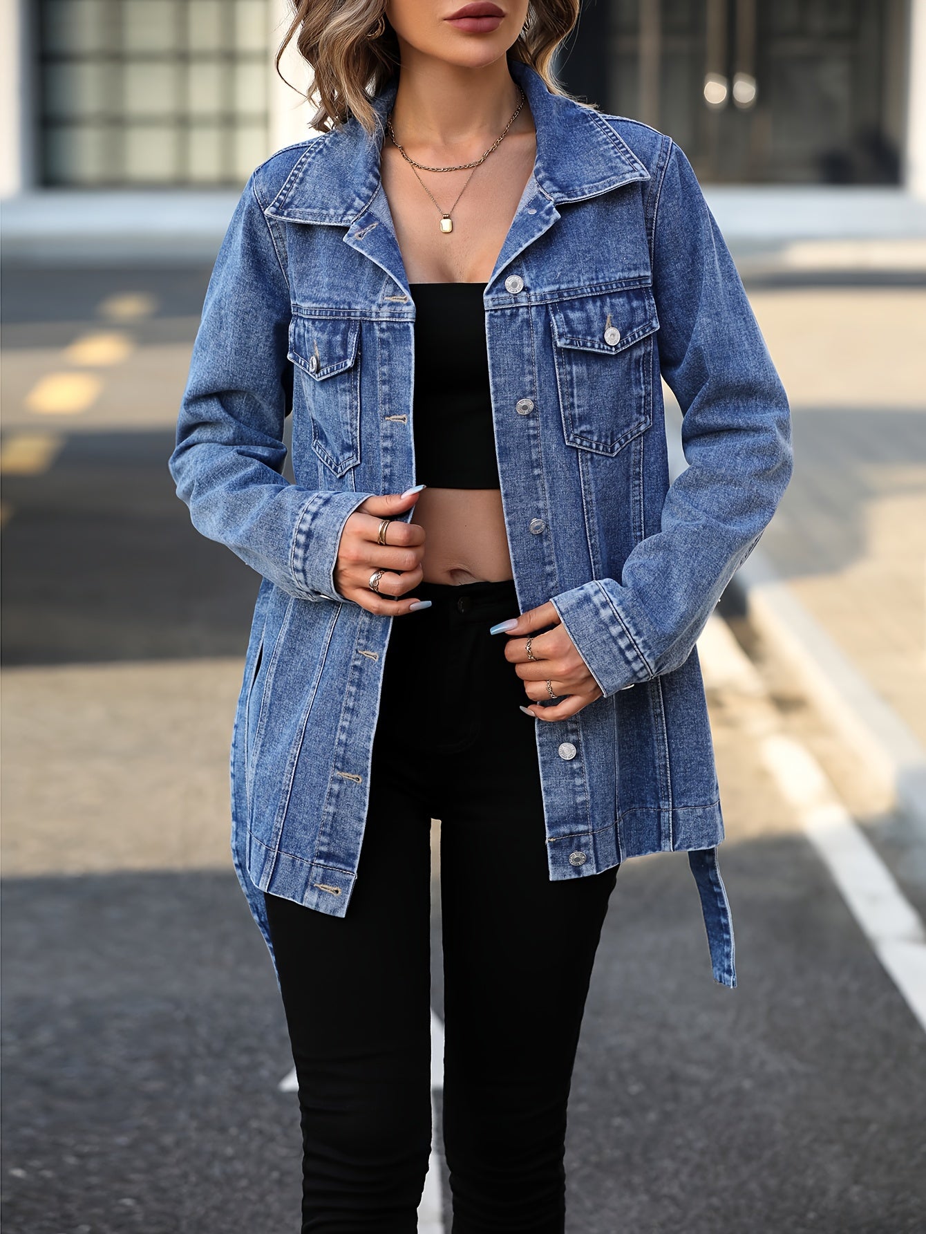 Blue Flap Pockets Denim Coat, Long Sleeves Lapel With Waistband Denim Jacket, Women's Denim Clothing