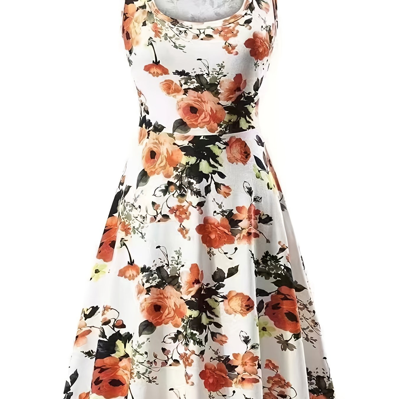 vlovelaw Plus Size Elegant Dress, Women's Plus Floral Print Round Neck Medium Stretch Tank Dress
