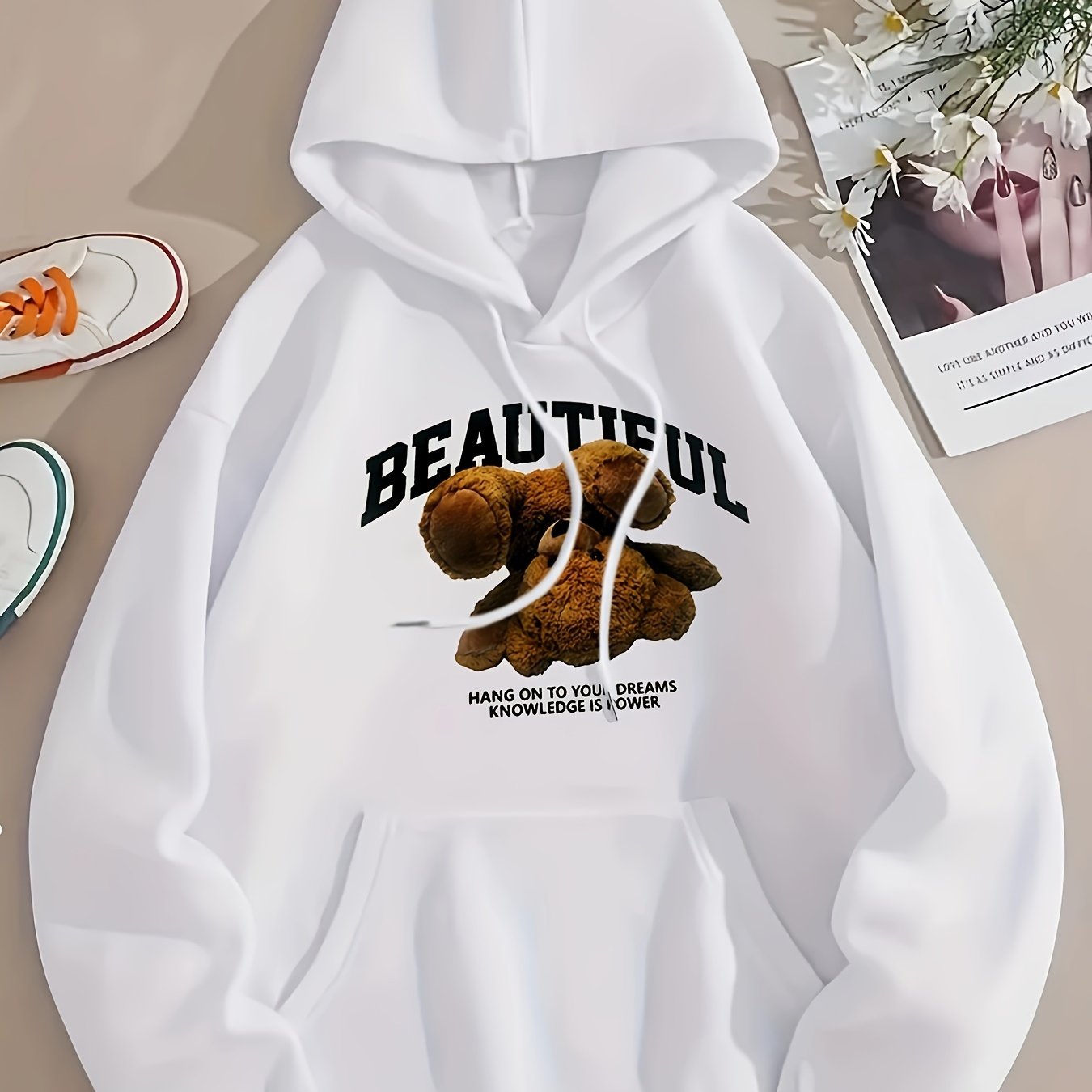 Bear Print Kangaroo Pocket Hoodie, Casual Long Sleeve Drawstring Hoodies Sweatshirt, Women's Clothing