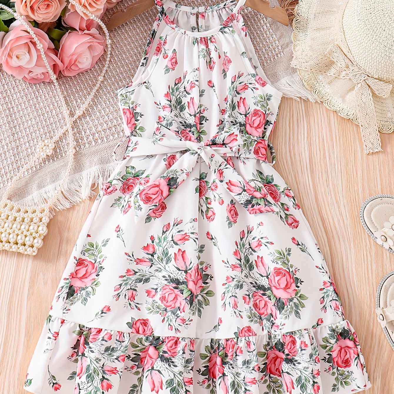 Adorable Vintage-Inspired Girls Floral Halter Dress - Flowy & Breathable for Summer Holidays, Perfect Festive Party Wear & Gift Idea