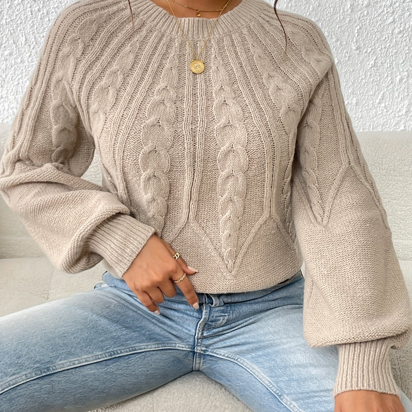 Solid Crew Neck Pullover Sweater, Casual Lantern Sleeve Criss Ruffle Trim Knit Sweater For Fall & Winter, Women's Clothing