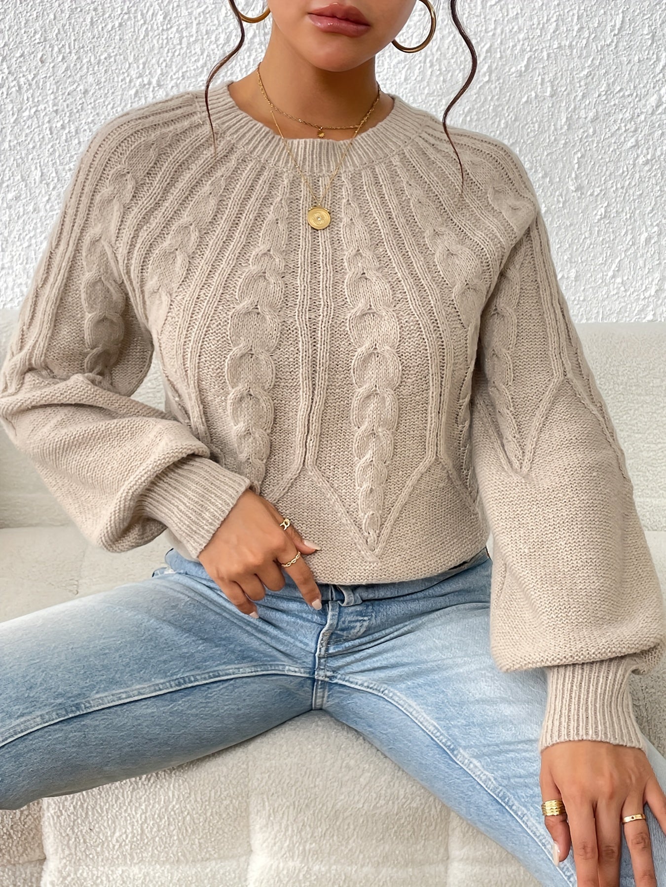 Solid Crew Neck Pullover Sweater, Casual Lantern Sleeve Criss Ruffle Trim Knit Sweater For Fall & Winter, Women's Clothing