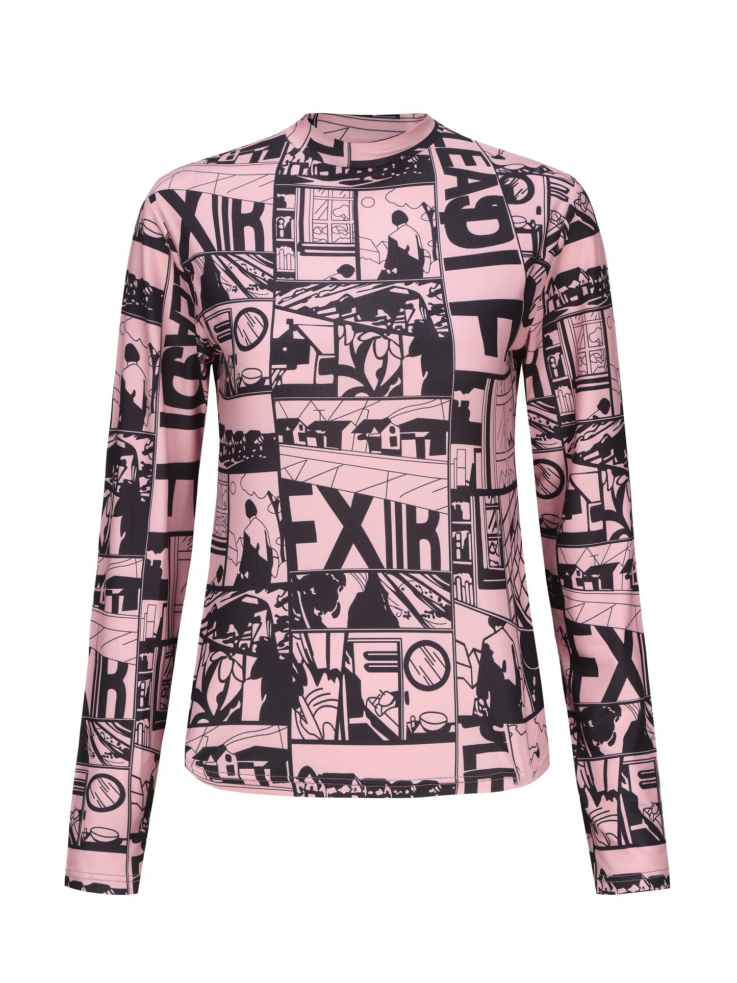 Y2K Anime Print T-Shirt, Long Sleeve High Neck Casual Top, Women's Clothing
