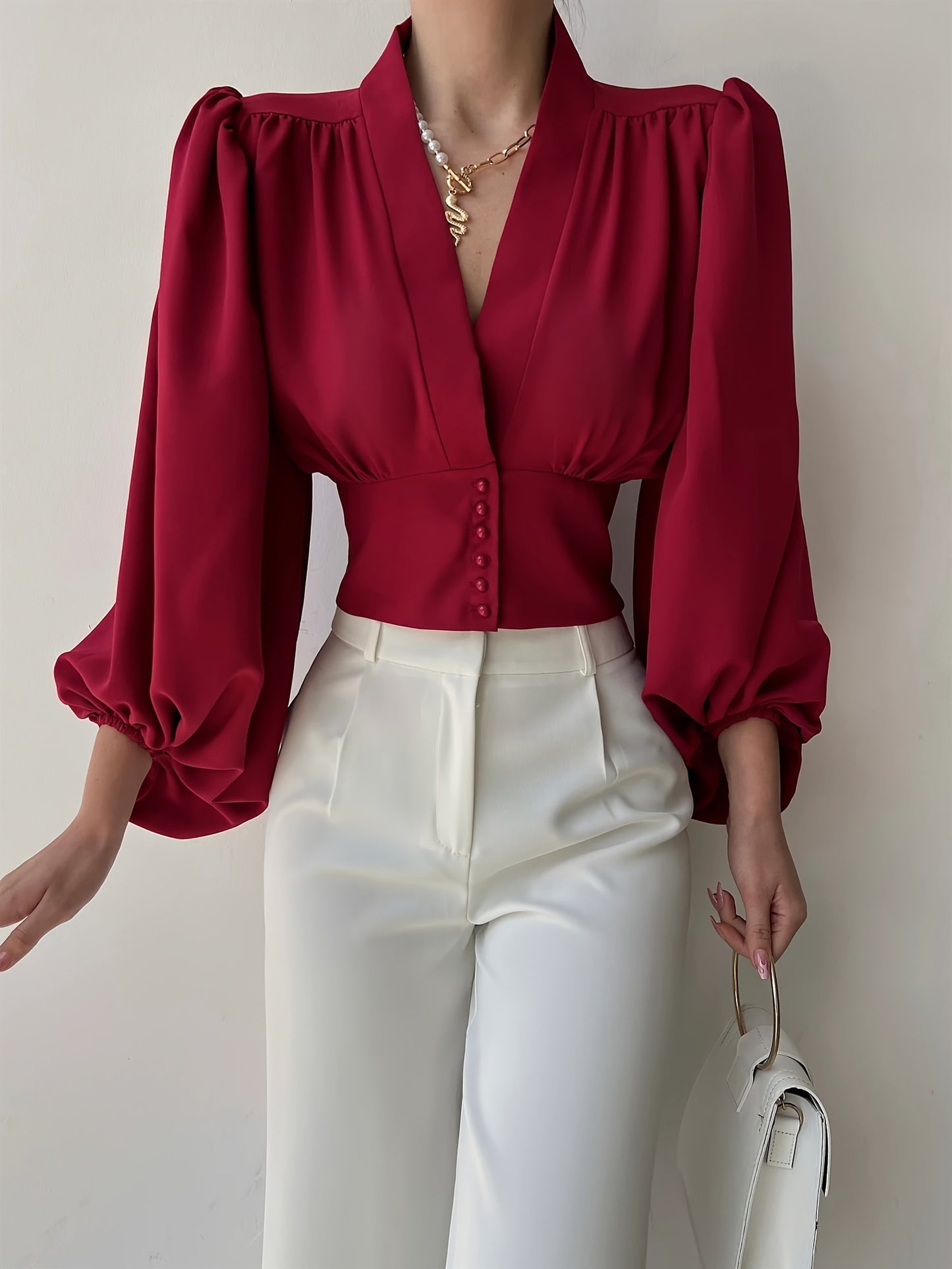 vlovelaw Solid Button Front V-neck Slim Blouse, Elegant Lantern Sleeve Blouse For Spring & Fall, Women's Clothing