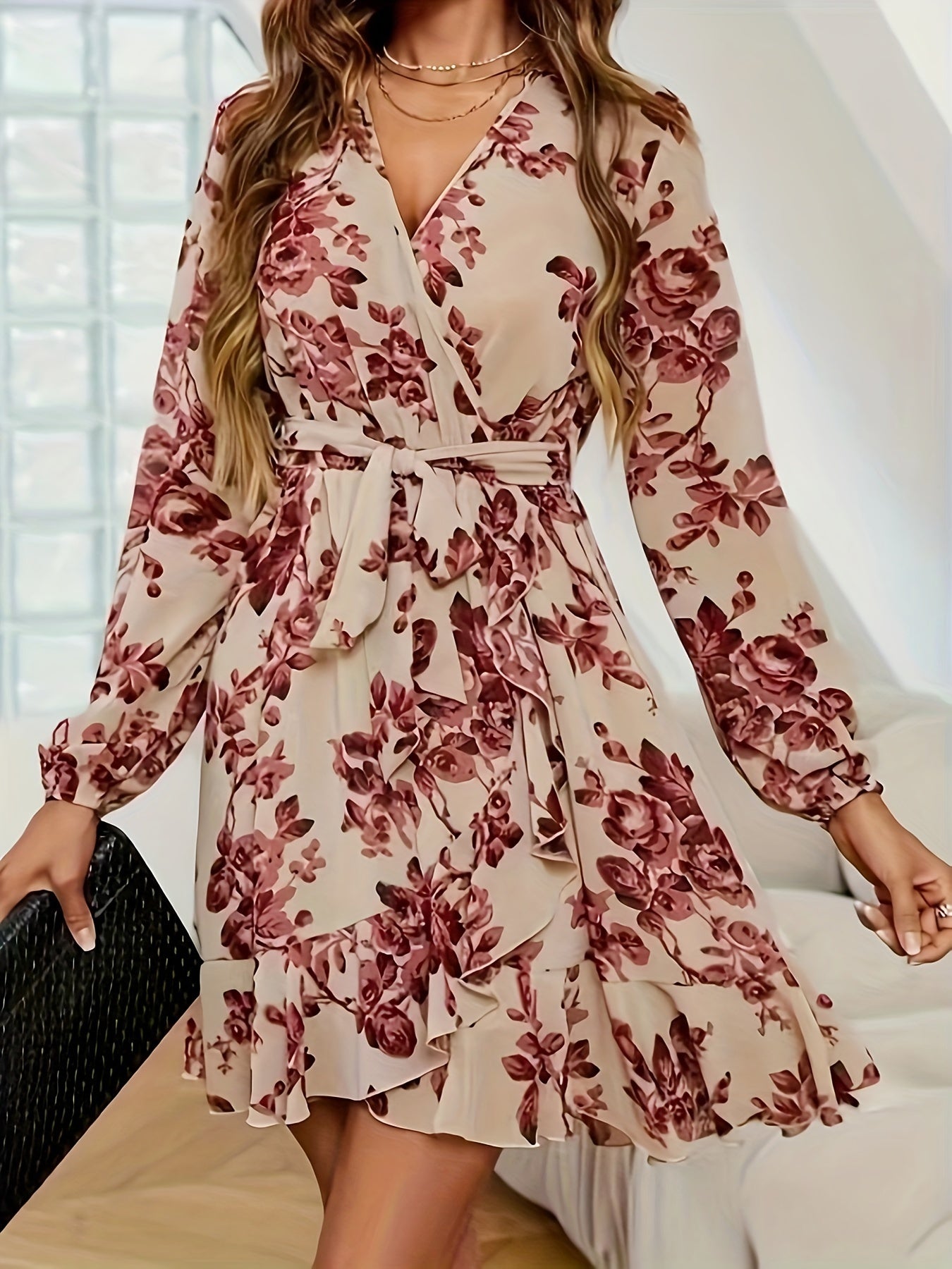 vlovelaw Floral Print Wrap Dress, Elegant Ruffle Hem Long Sleeve Dress, Women's Clothing