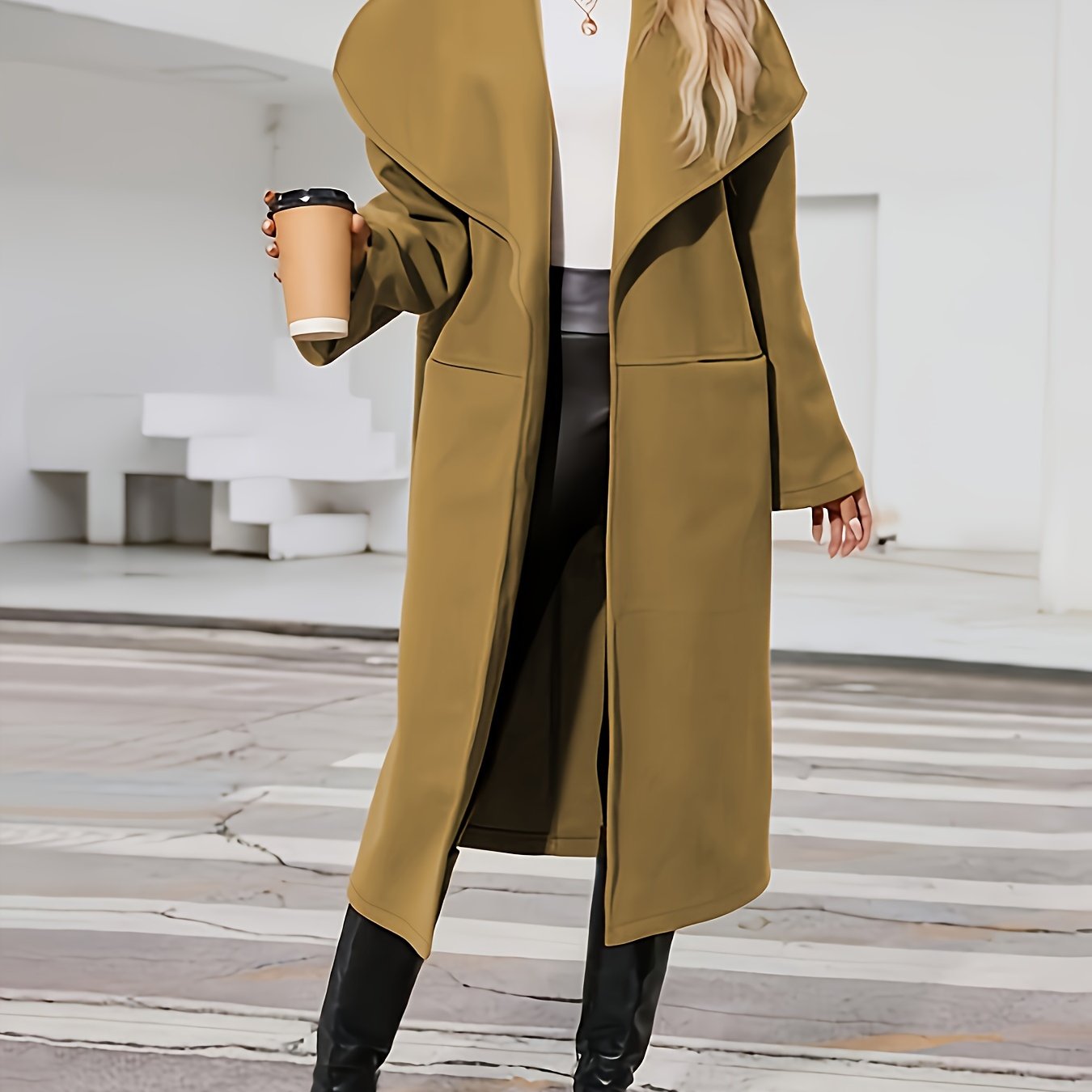 Waterfall Collar Mid Length Coat, Elegant Open Front Long Sleeve Outerwear, Women's Clothing