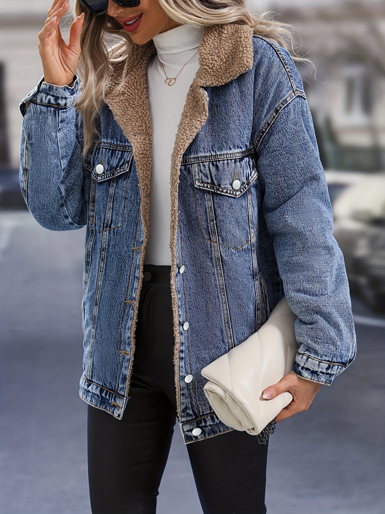 vlovelaw Fleece Lined Single-breasted Long Sleeve Denim Jacket Lapel Slash Pocket Comfy Warm Winter Denim Coat, Women's Denim Jeans & Clothing