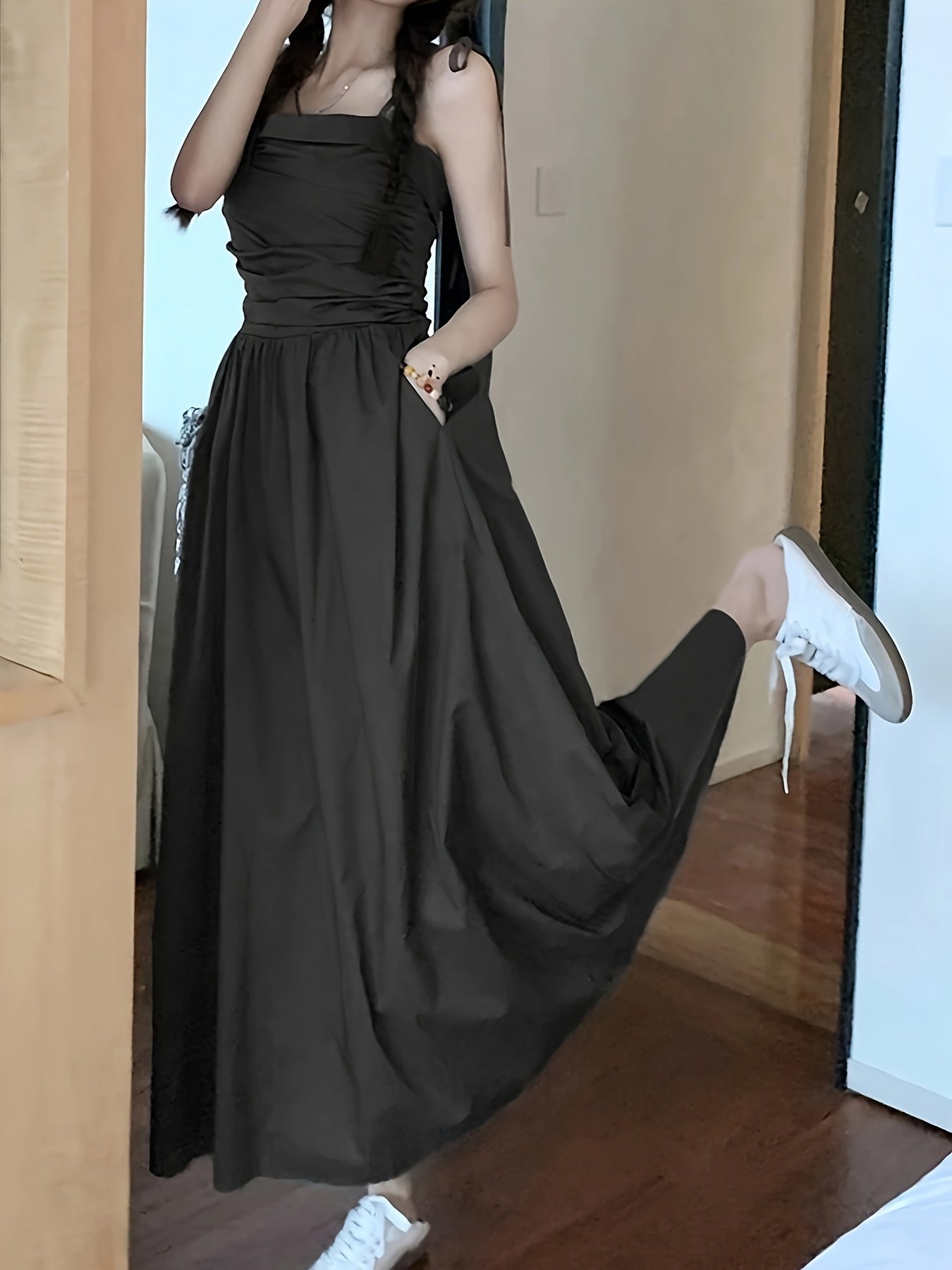 vlovelaw Solid Ruched Cami Dress, Casual Sleeveless Lace Up Maxi Dress, Women's Clothing