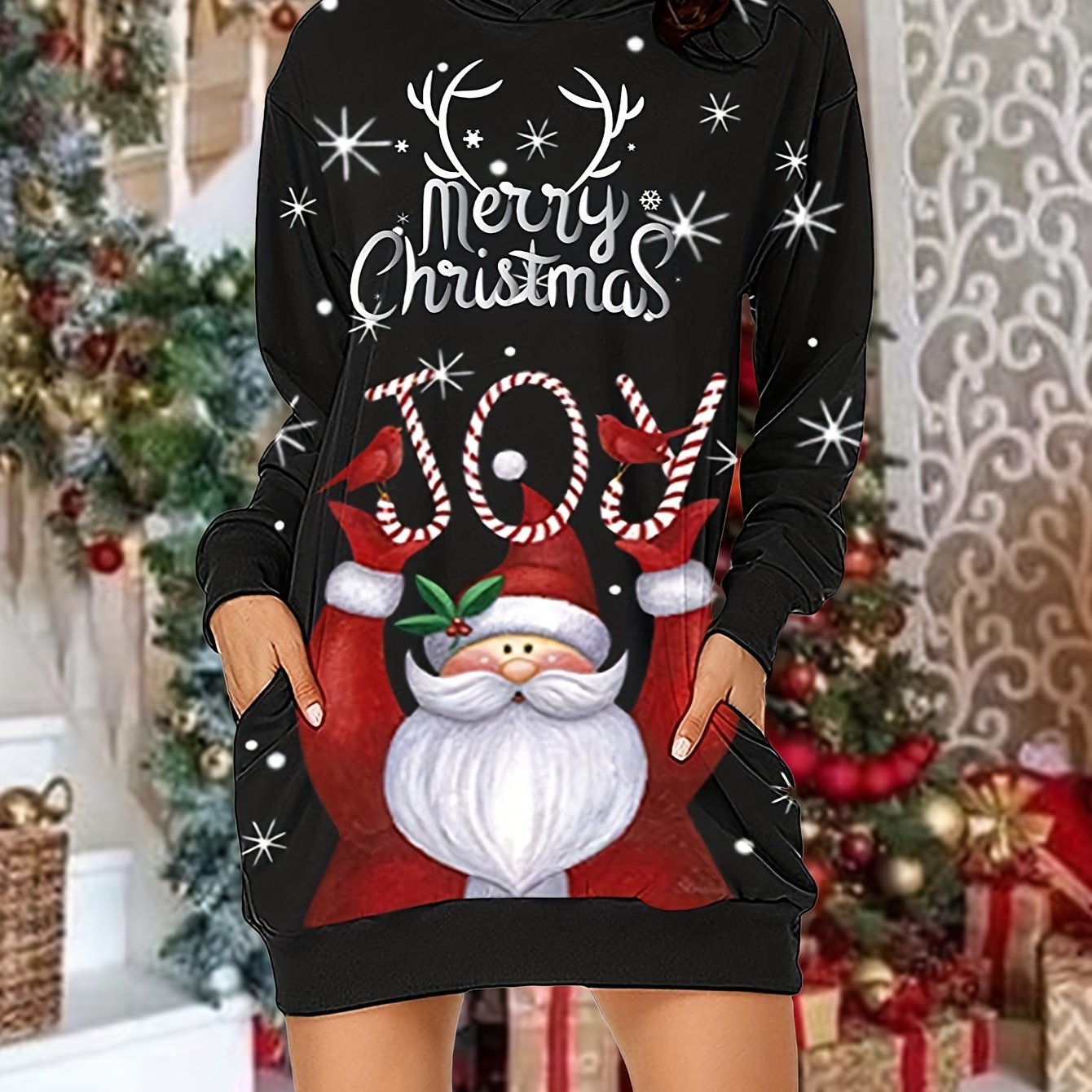 vlovelaw Christmas Print Casual Hoodie Dress Long Sleeve Hooded Dress