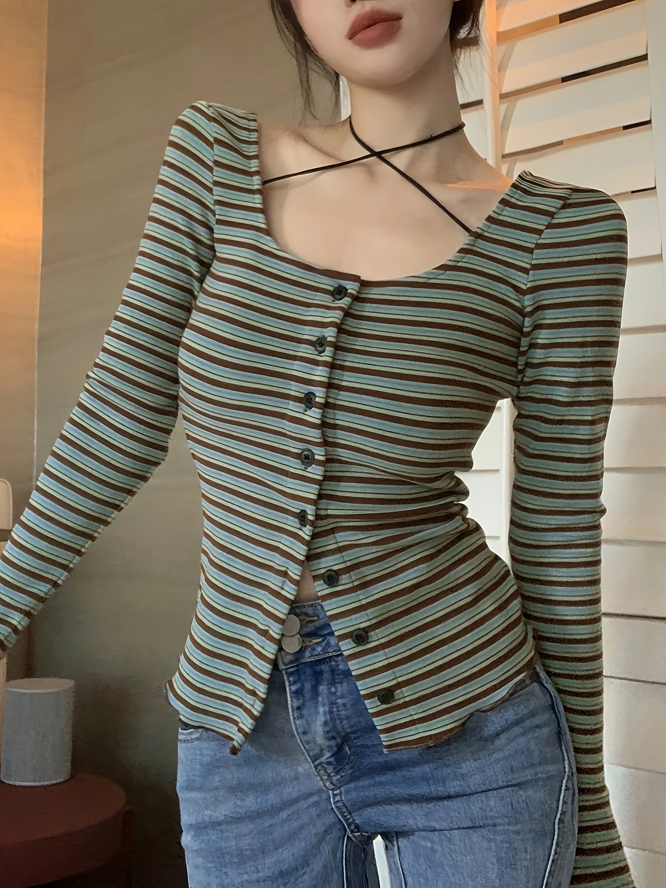 vlovelaw Striped Print Button Front T-Shirt, Casual Cross Tie Neck Long Sleeve T-Shirt For Spring & Fall, Women's Clothing