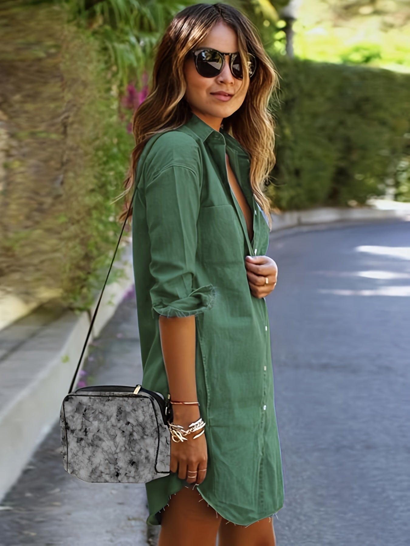 Raw Hem Long Sleeves Denim Shirt, Single-Breasted Button Patched Pockets Lapel Denim Shirt, Women's Denim Clothing